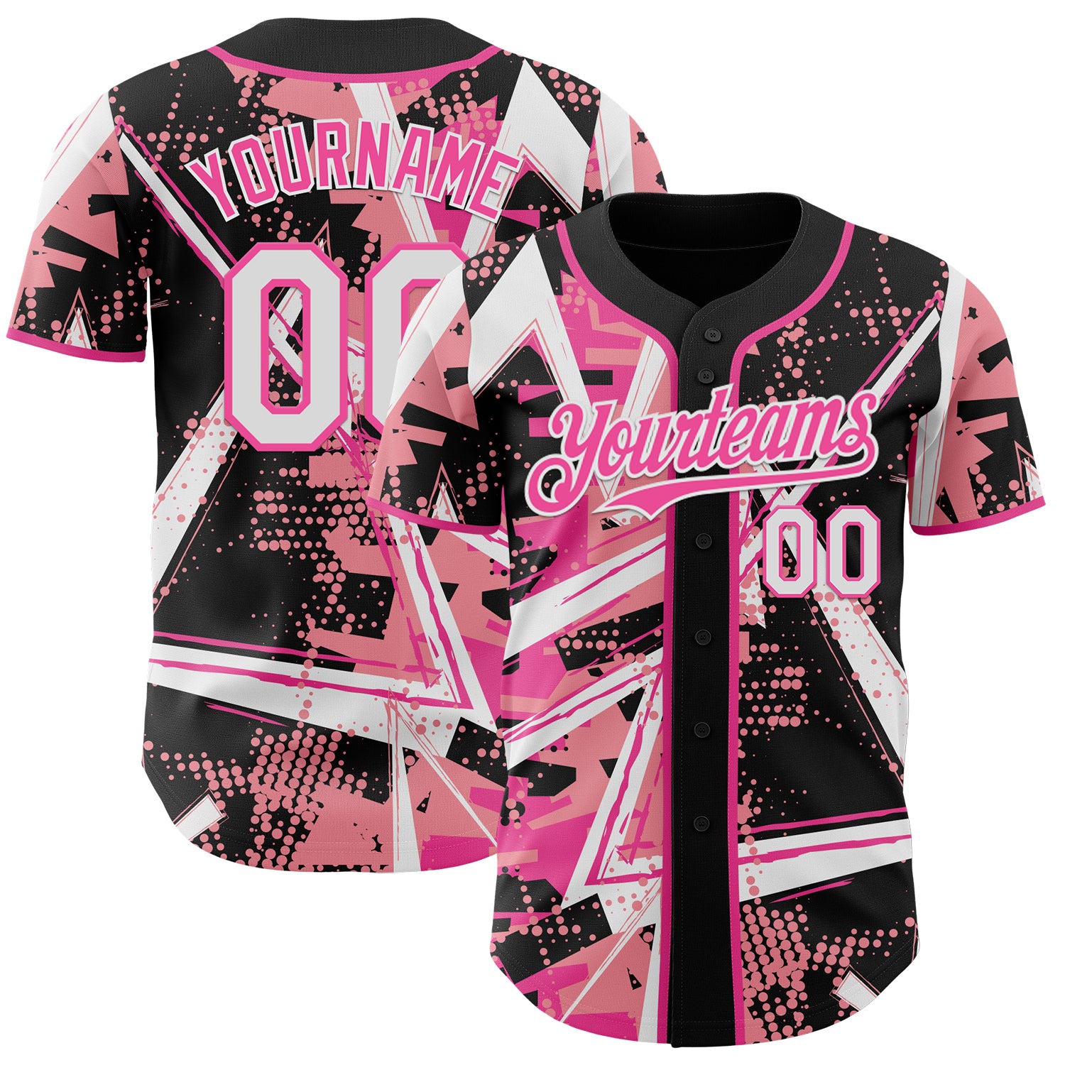 Custom Black White Medium Pink-Pink Geometric Shards Dot Grid Authentic Baseball Jersey