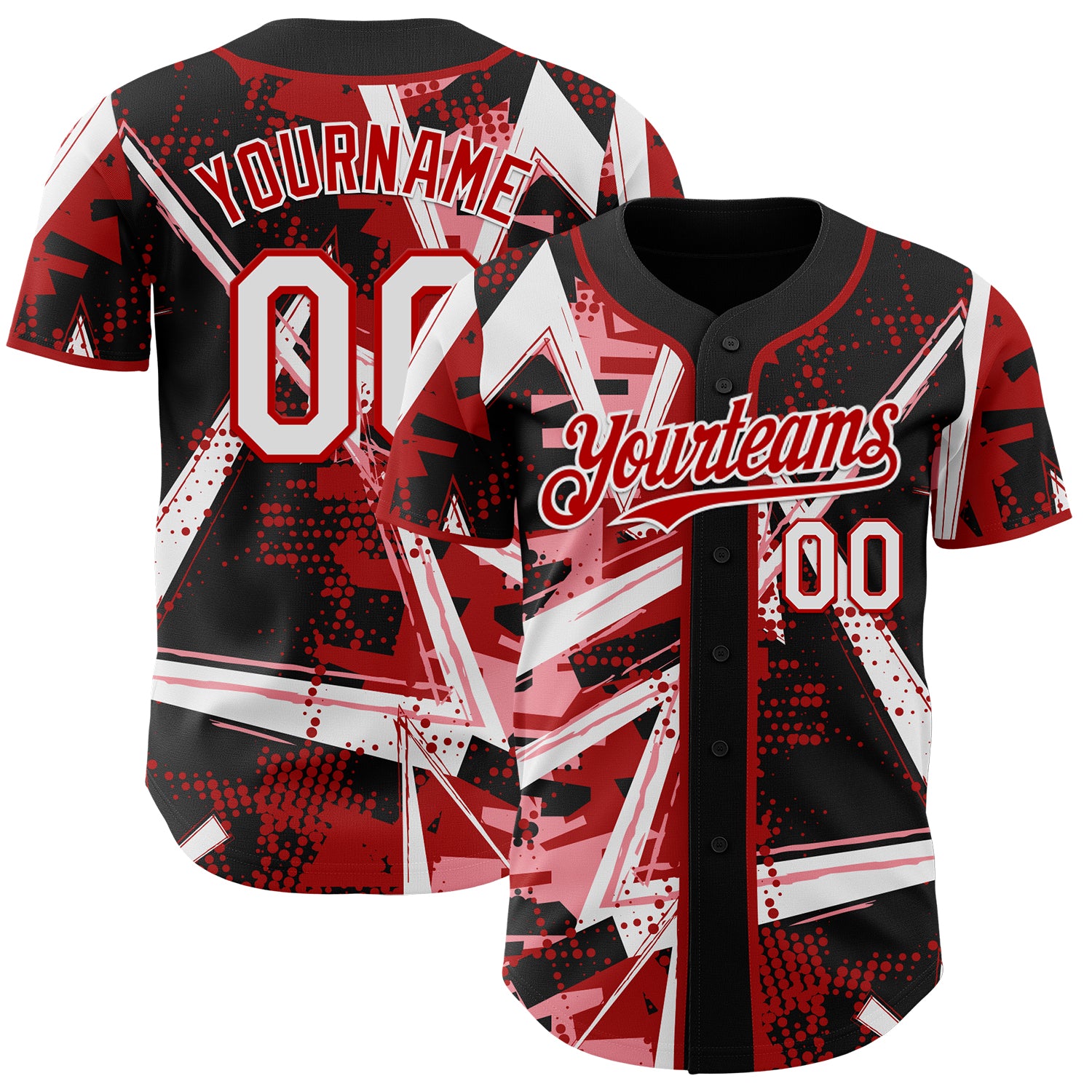 Custom Black White Medium Pink-Red Geometric Shards Dot Grid Authentic Baseball Jersey