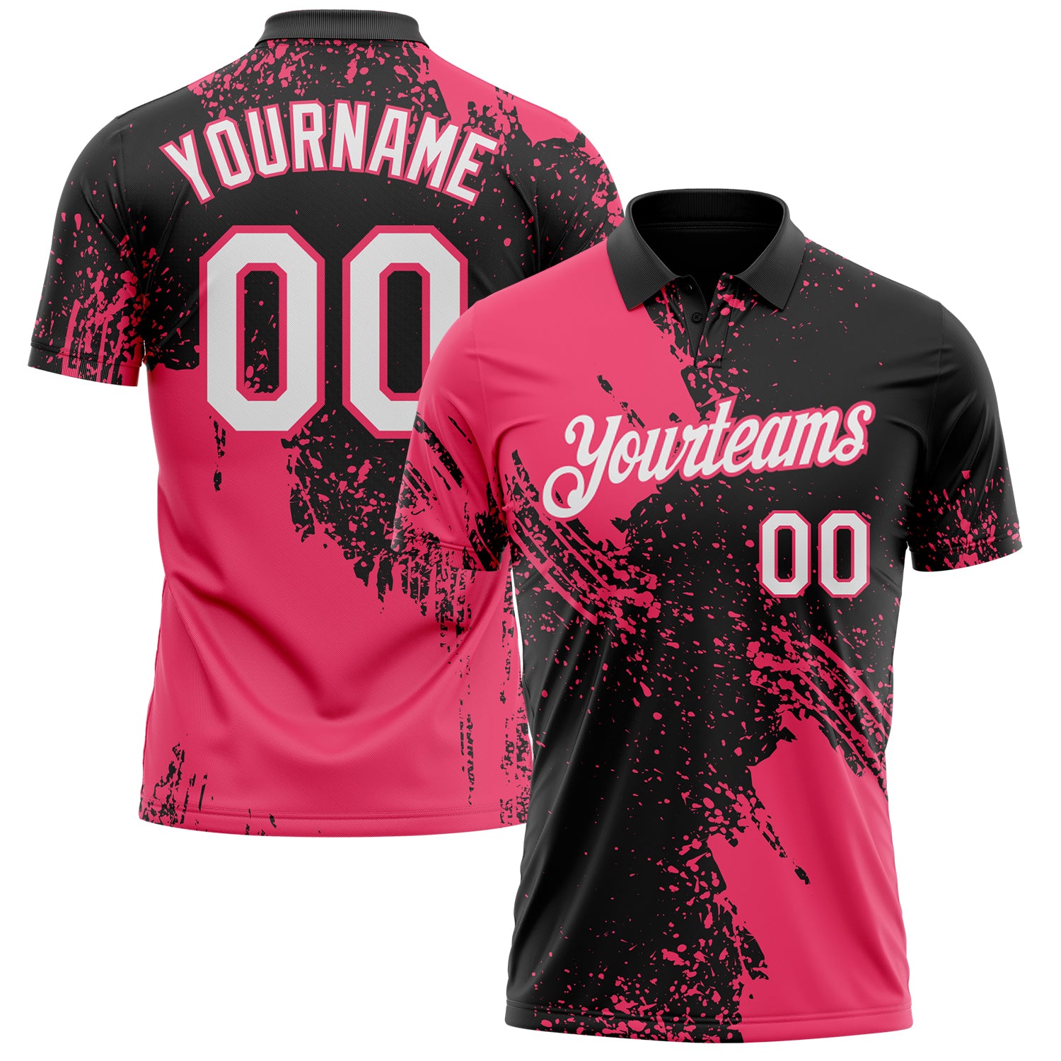 Custom Black White-Neon Pink Distressed Scratch Brush Stroke Performance Polo Shirt