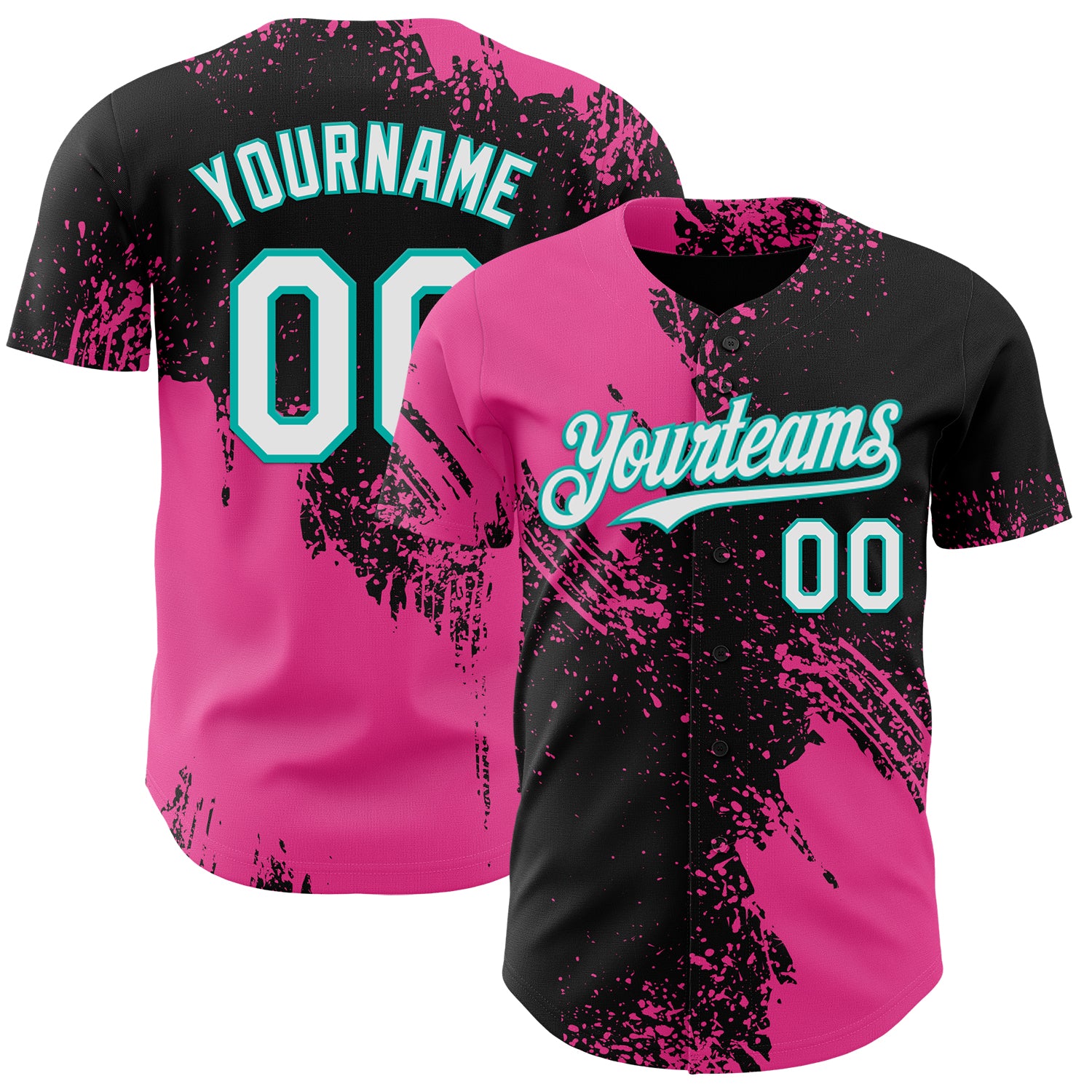 Custom Black White Pink-Aqua Abstract Brush Stroke Authentic Baseball Jersey