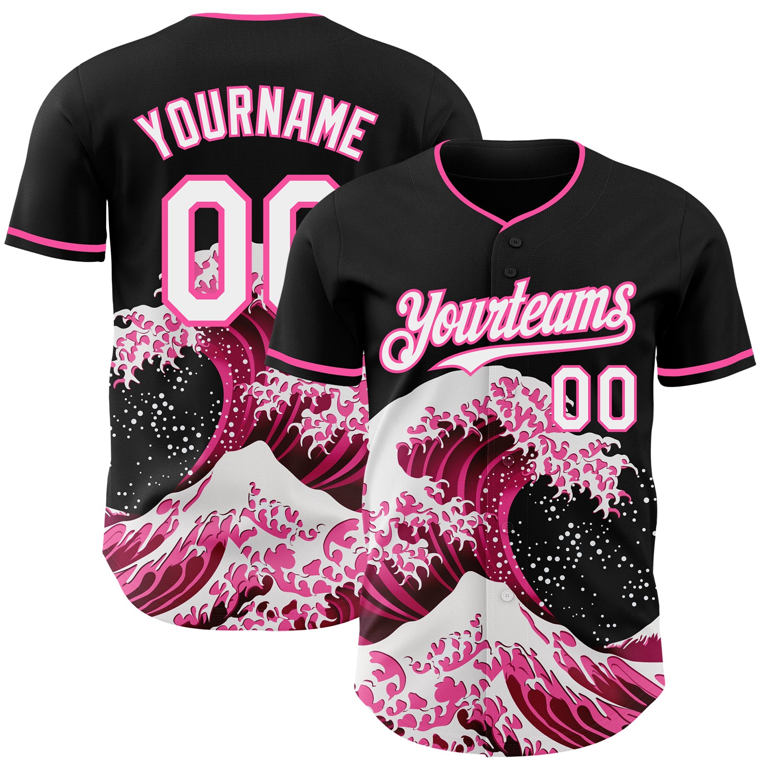 Custom Black White-Pink Japanese Wave 3D Pattern Design Authentic Baseball Jersey
