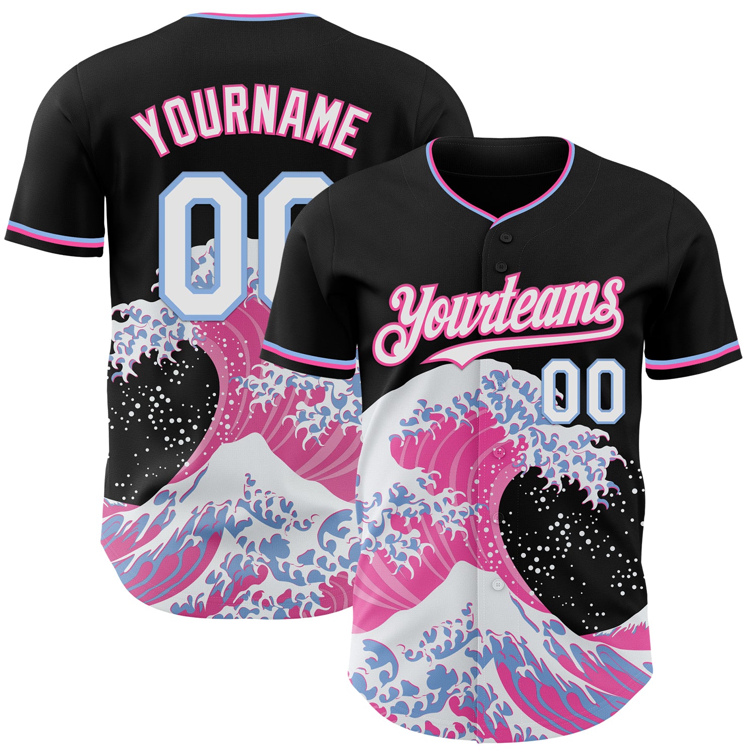 Custom Black White Pink-Light Blue Japanese Wave 3D Pattern Design Authentic Baseball Jersey