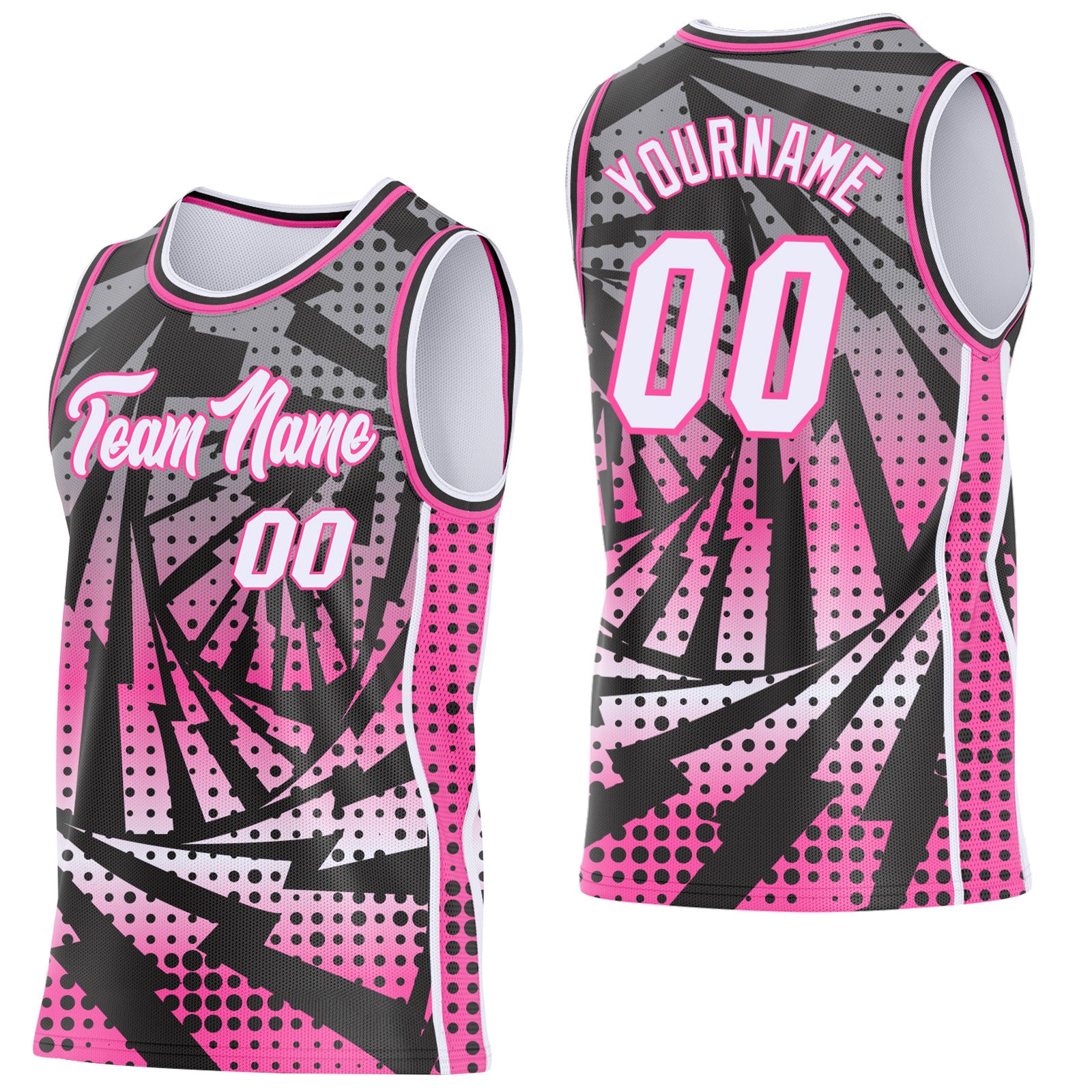 Custom Black White-Pink Lightning Gradient Dot Side Panel Stripe Round Neck Sublimation Basketball Set Jersey