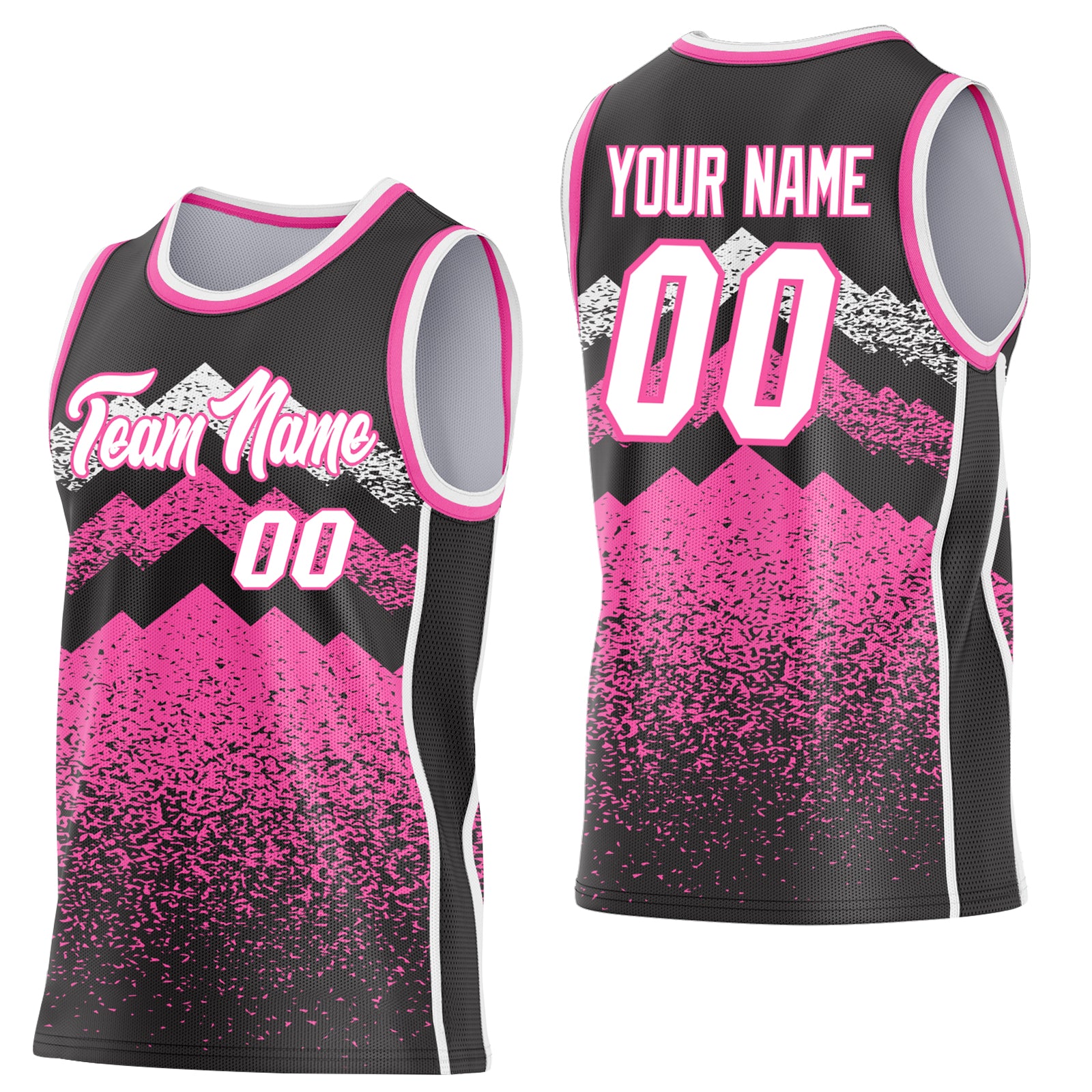 Custom Black White-Pink Mountain Peak Shards Side Panel Stripe Round Neck Sublimation Basketball Set Jersey