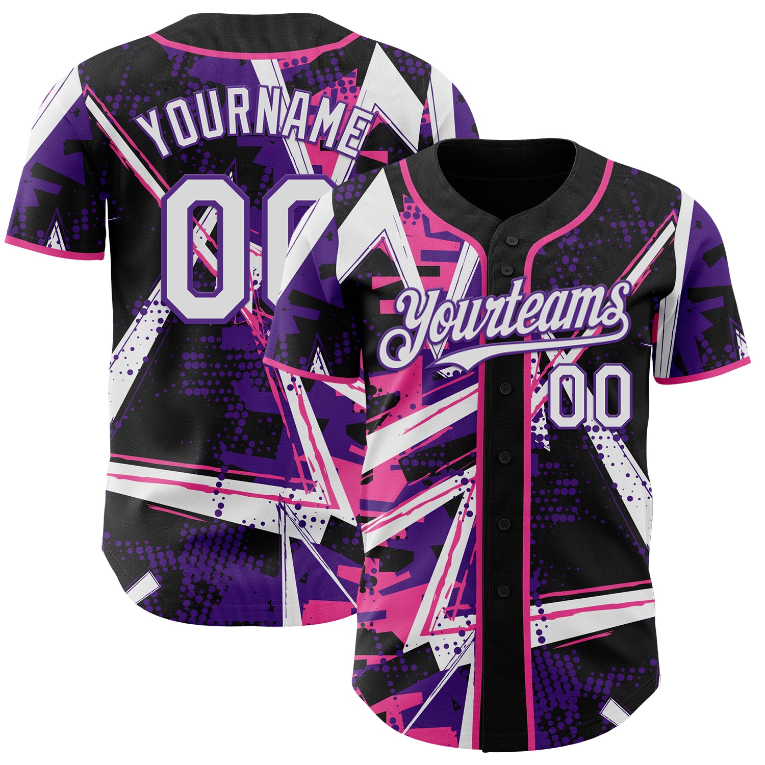 Custom Black White Pink-Purple Geometric Shards Dot Grid Authentic Baseball Jersey