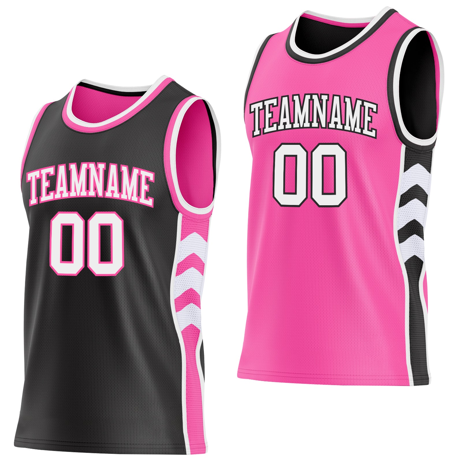 Custom Black White-Pink Side Panel Geometric Chevron Reversible Double Side Sublimation Basketball Set Jersey