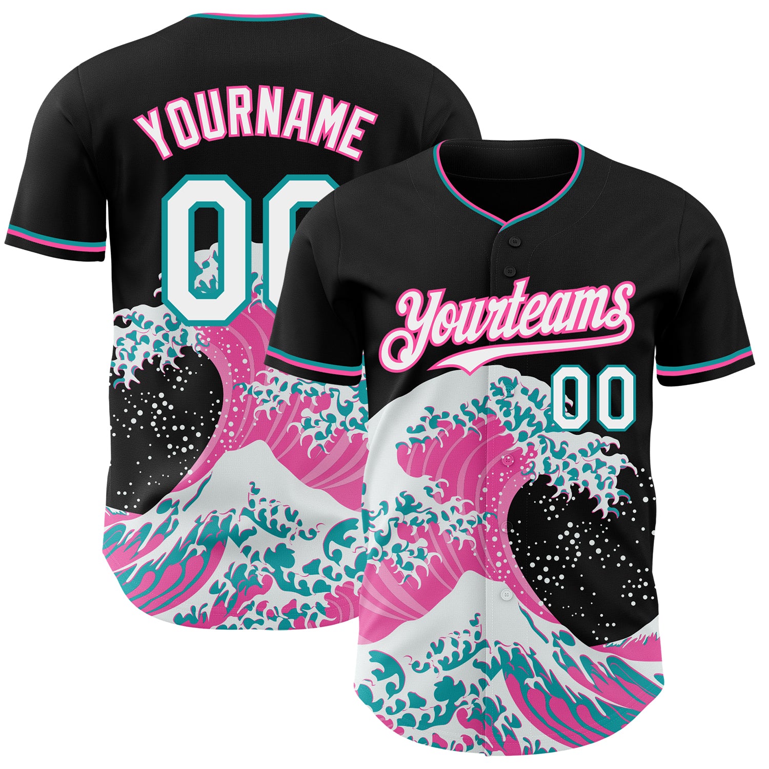 Custom Black White Pink-Teal Japanese Wave 3D Pattern Design Authentic Baseball Jersey