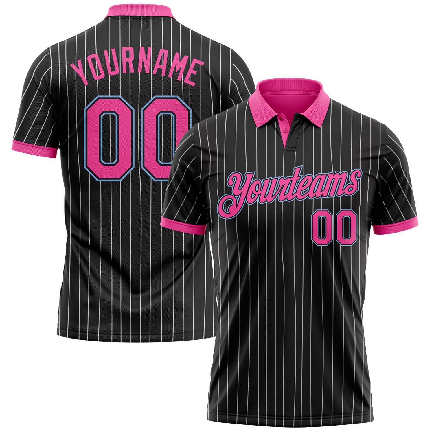 Custom Black White Pinstripe Pink-Light Blue Performance Polo Shirt