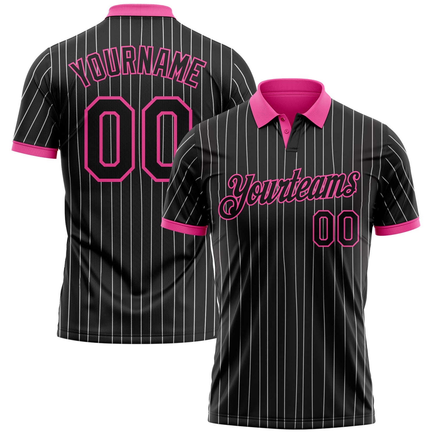 Custom Black White Pinstripe-Pink Performance Polo Shirt