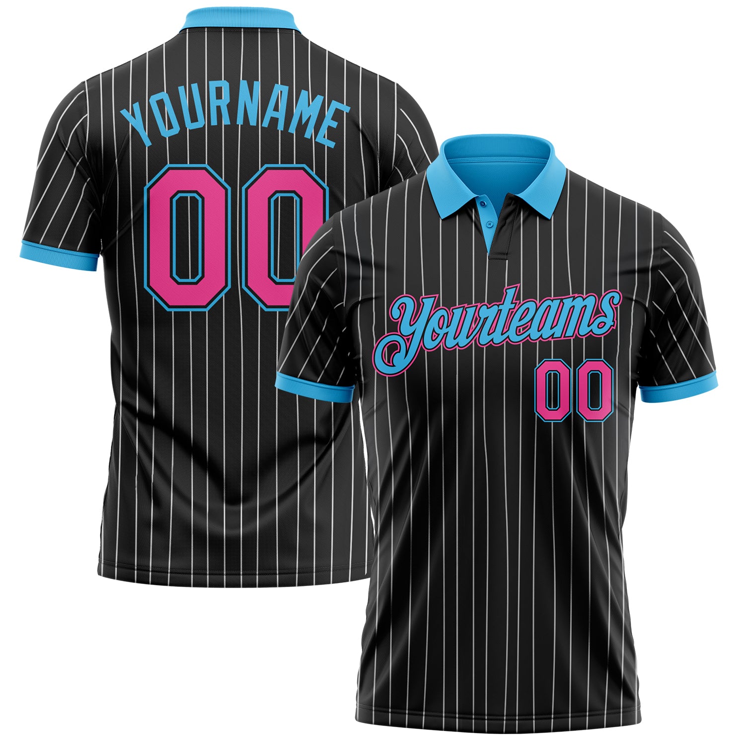 Custom Black White Pinstripe Pink-Sky Blue Performance Polo Shirt