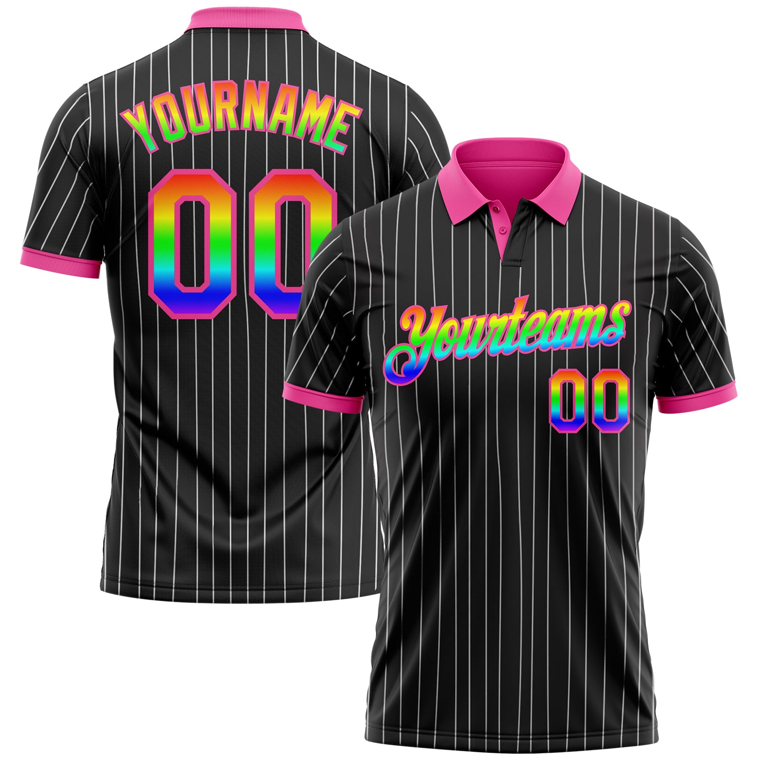 Custom Black White Pinstripe Rainbow-Pink Performance Polo Shirt