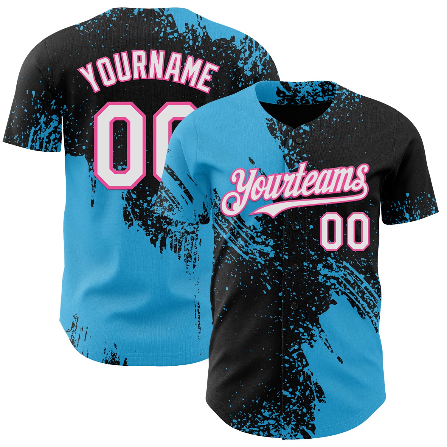 Custom Black White Sky Blue-Pink Abstract Brush Stroke Authentic Baseball Jersey