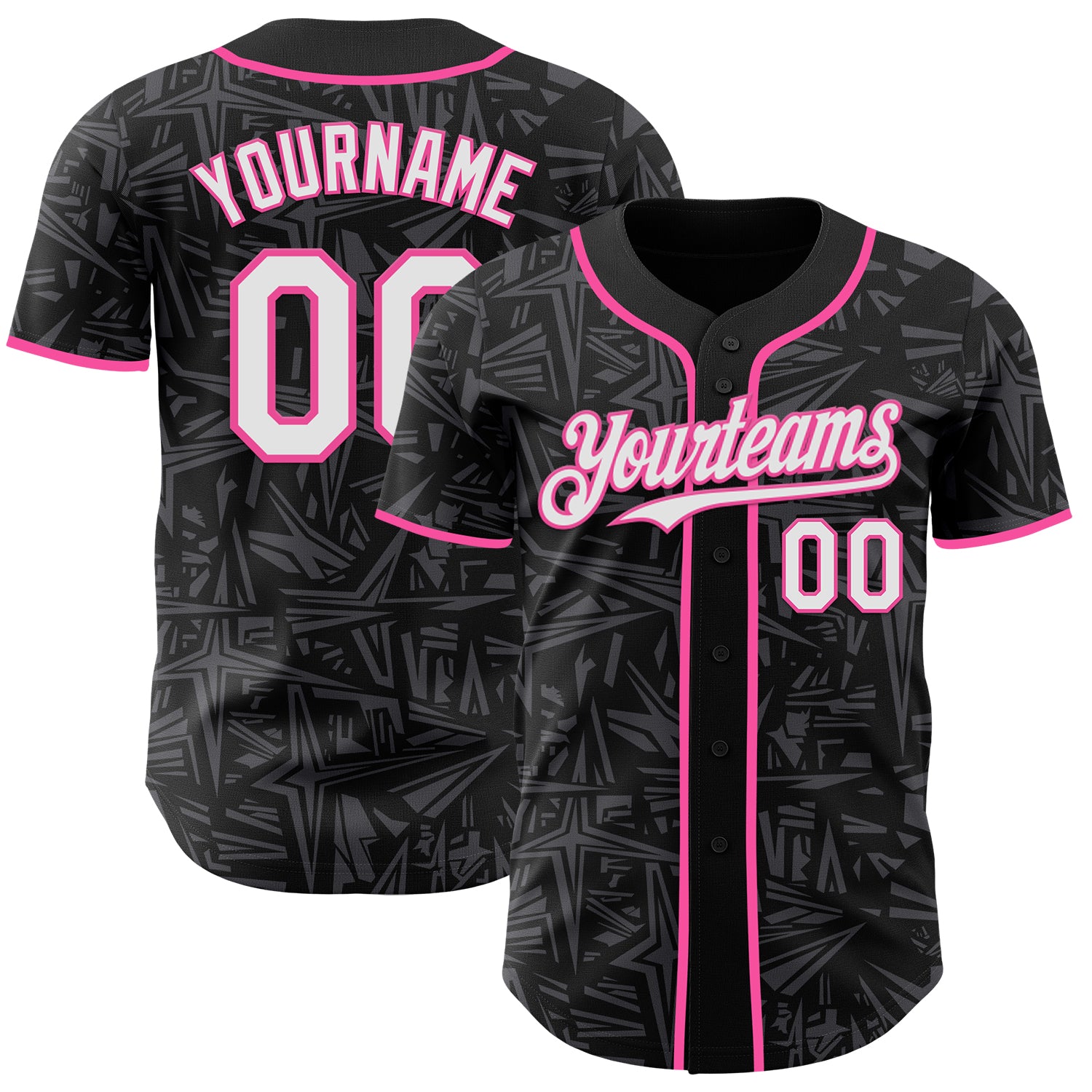 Custom Black White Steel Gray-Pink Geometric Cyber Starburst Authentic Baseball Jersey