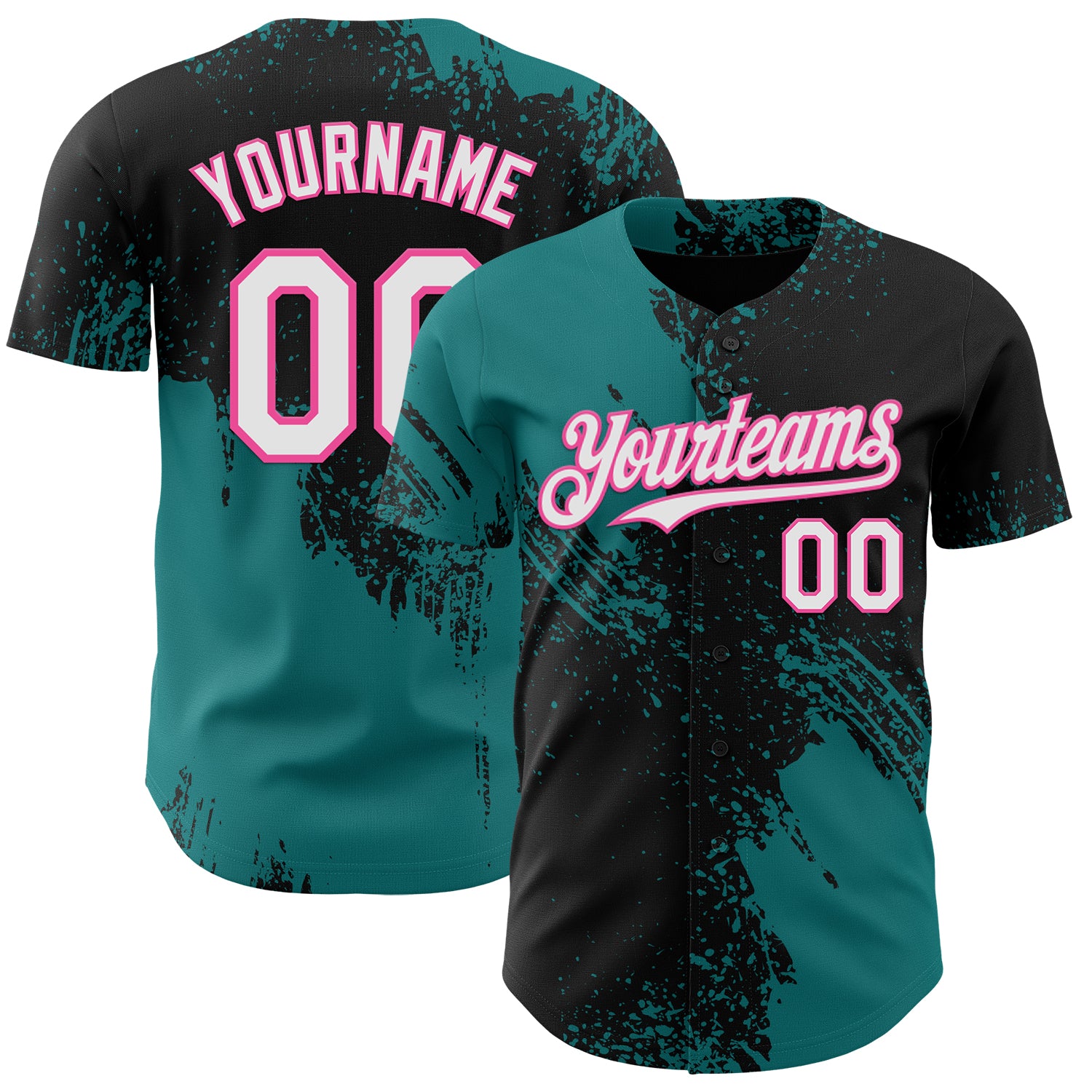 Custom Black White Teal-Pink Abstract Brush Stroke Authentic Baseball Jersey