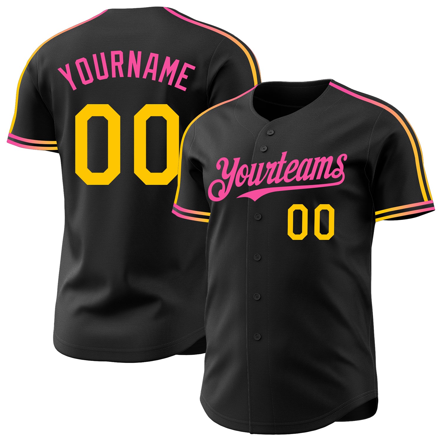 Custom Black Yellow-Pink Raglan Line Gradient Stripe Authentic Baseball Jersey