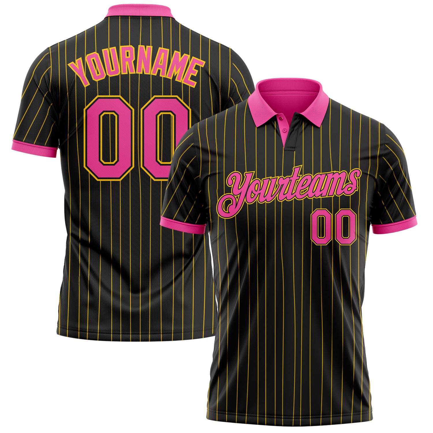 Custom Black Yellow Pinstripe-Pink Performance Polo Shirt
