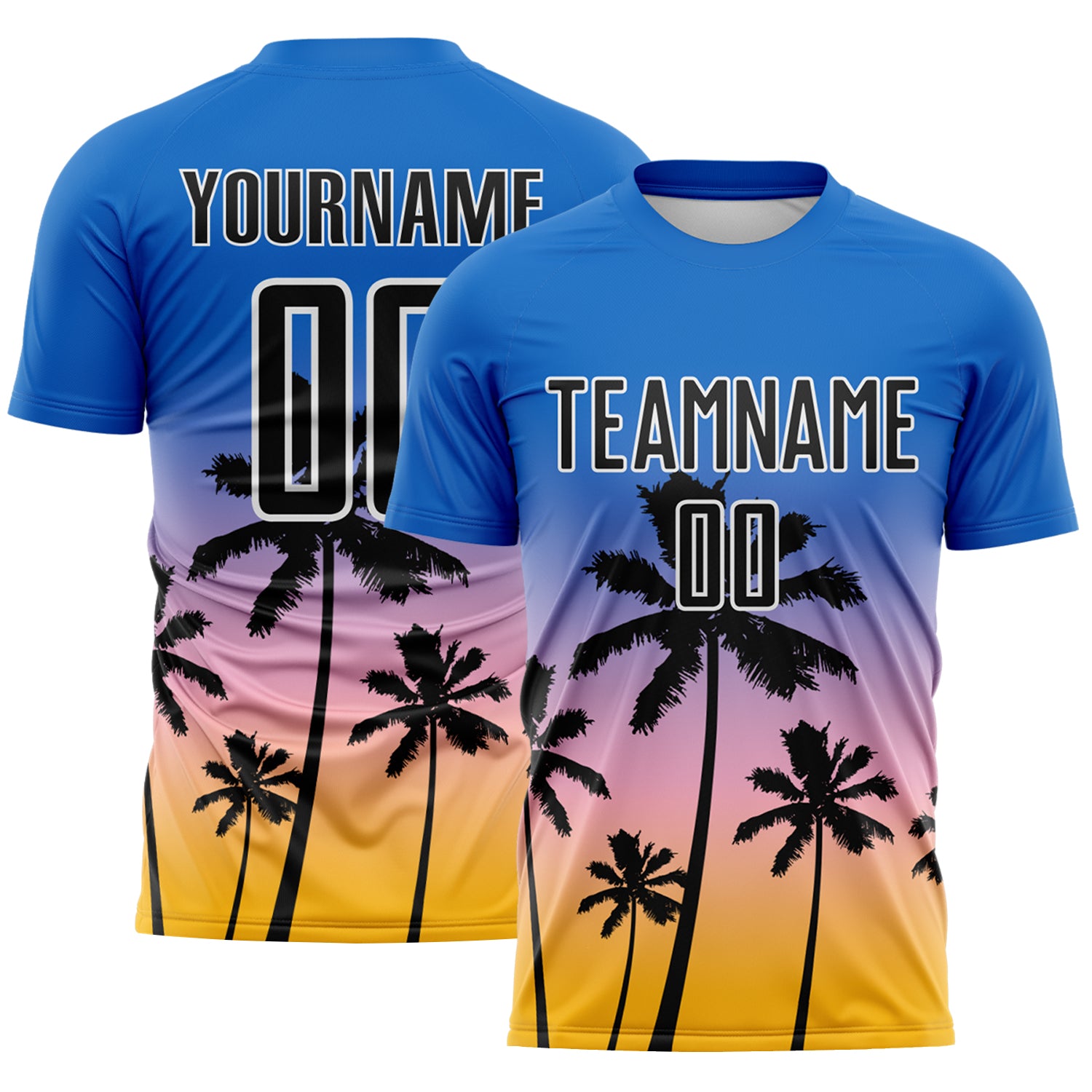 Custom Blue Black Light Pink Gold-White Tropical Hawaii Palm Trees Gradient Sublimation Soccer Uniform Jersey
