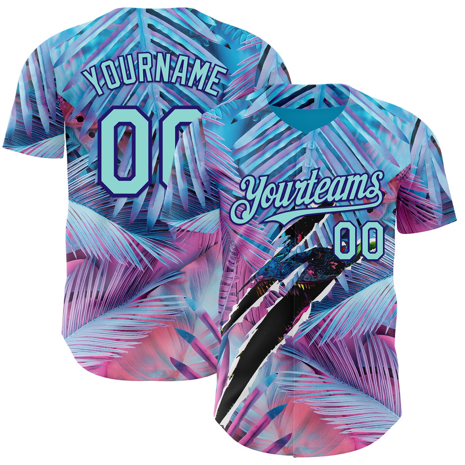 Custom Blue Ice Blue Pink-Dark Purple Cyber Tropical Palm Trees Music Festival Gothic Fantasy Authentic Baseball Jersey