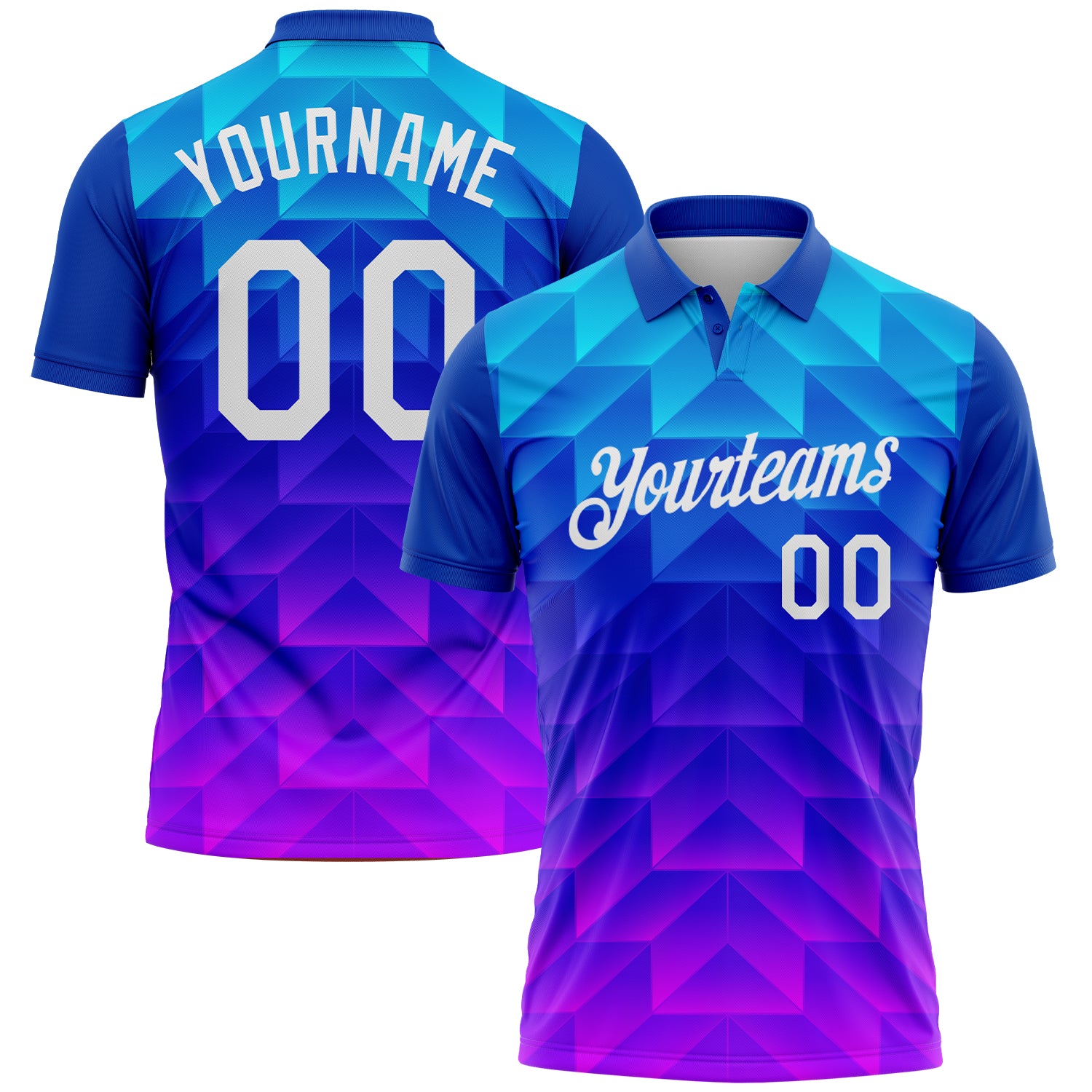 Custom Blue White Pink-Royal 3D Pattern Gradient Geometric Shape Performance Polo Shirt