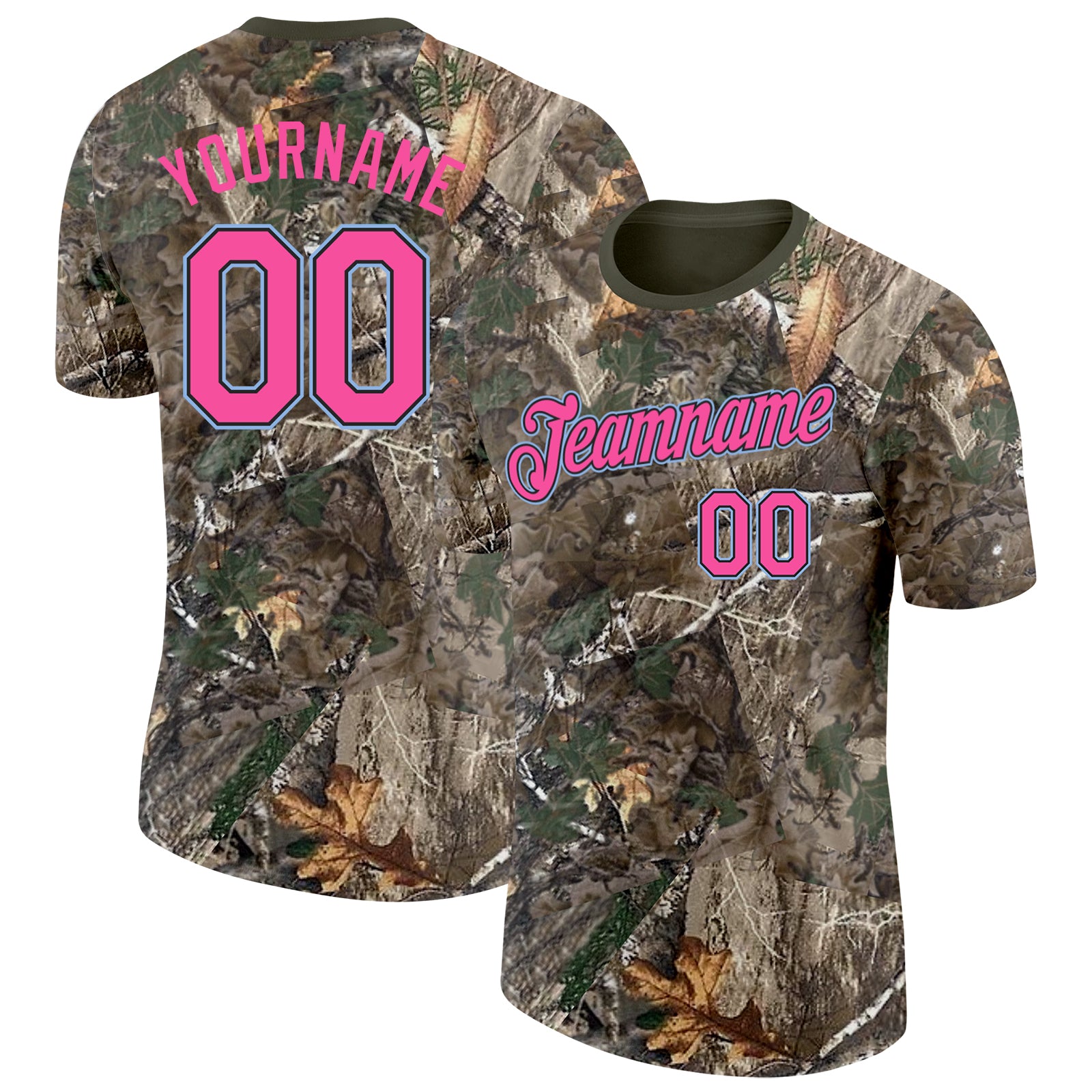 Custom Camo Pink Black Light Blue-Olive Woodland Camouflage Salute To Service Performance T-Shirt
