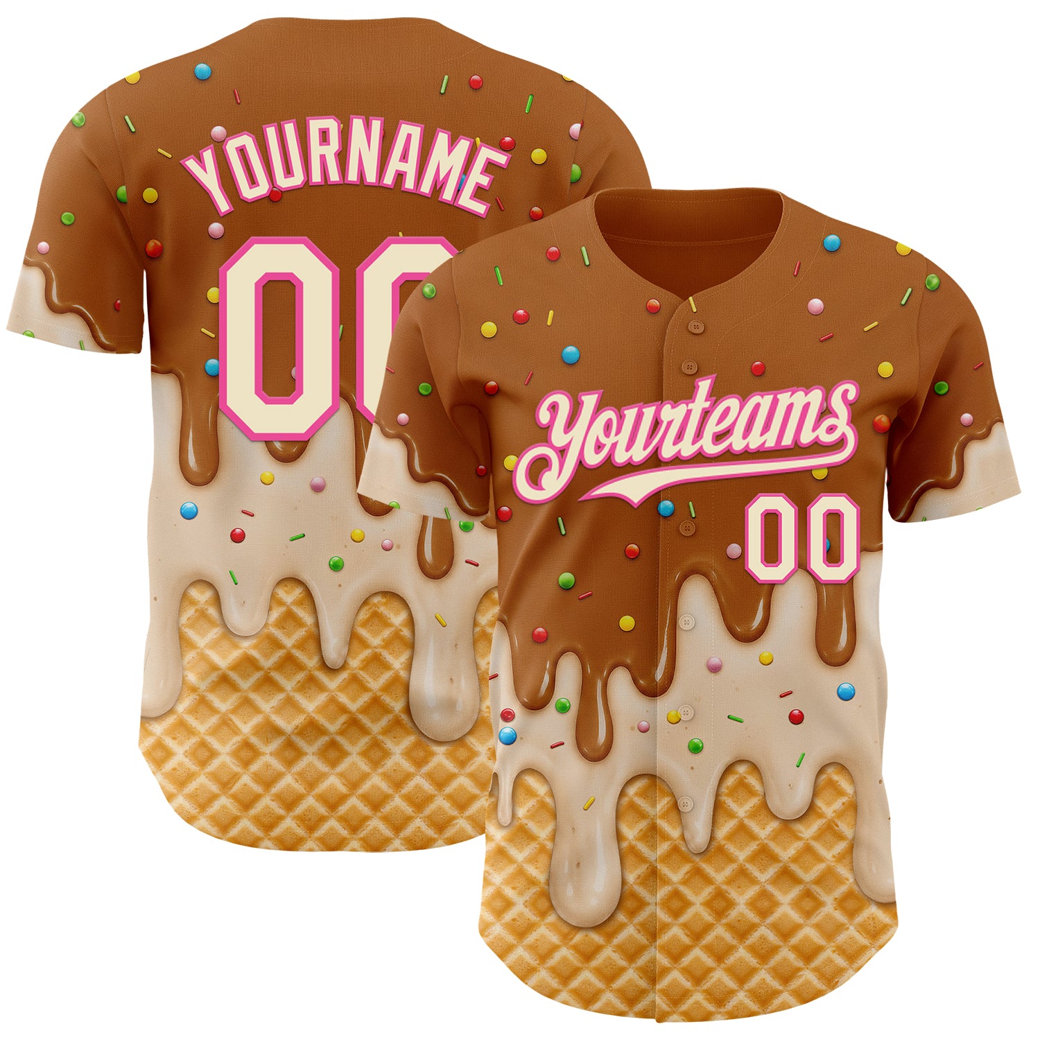 Custom Chocolate Brown Cream-Pink Ice Cream Waffle Foodie Dessert Authentic Baseball Jersey