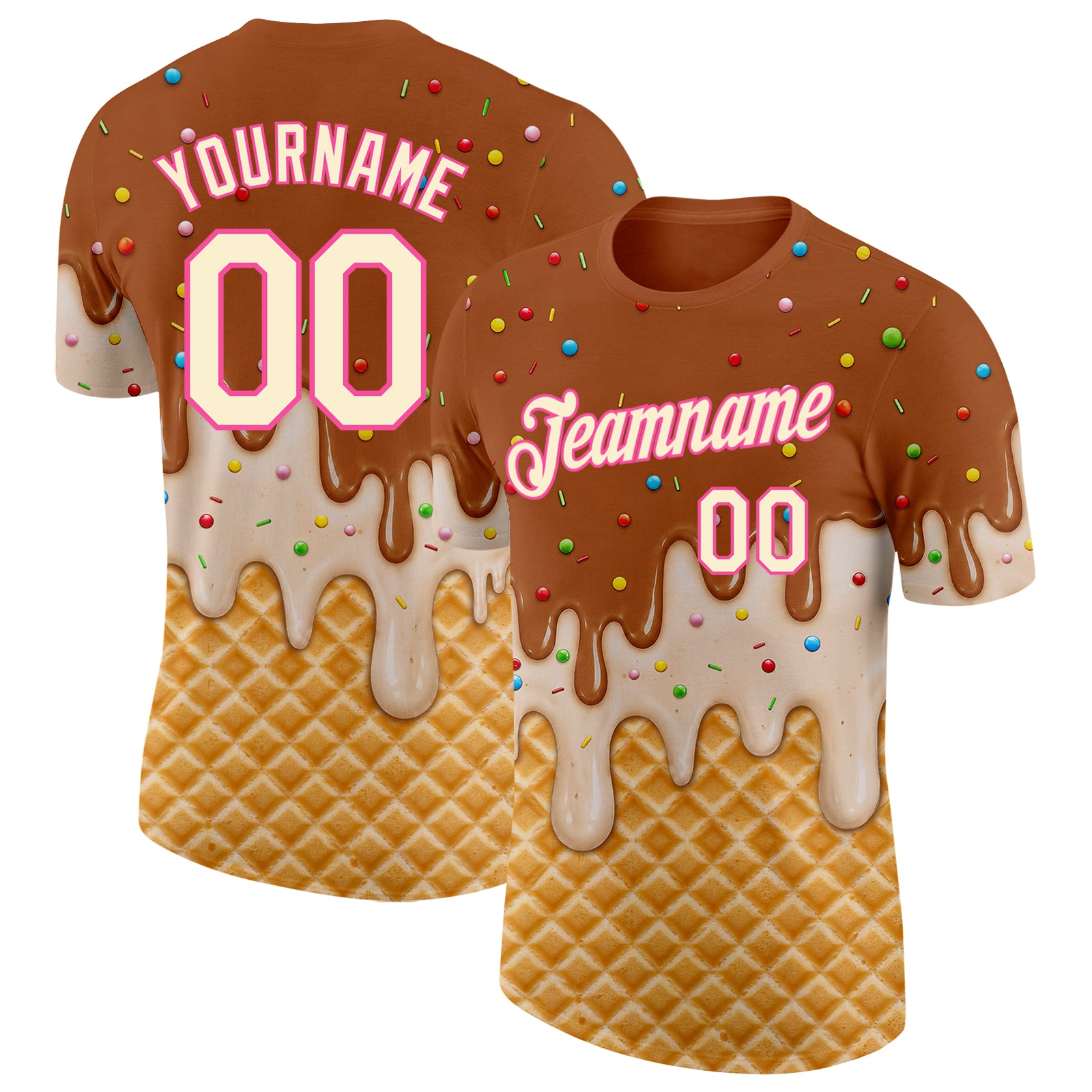 Custom Chocolate Brown Cream-Pink Ice Cream Waffle Foodie Dessert Performance T-Shirt