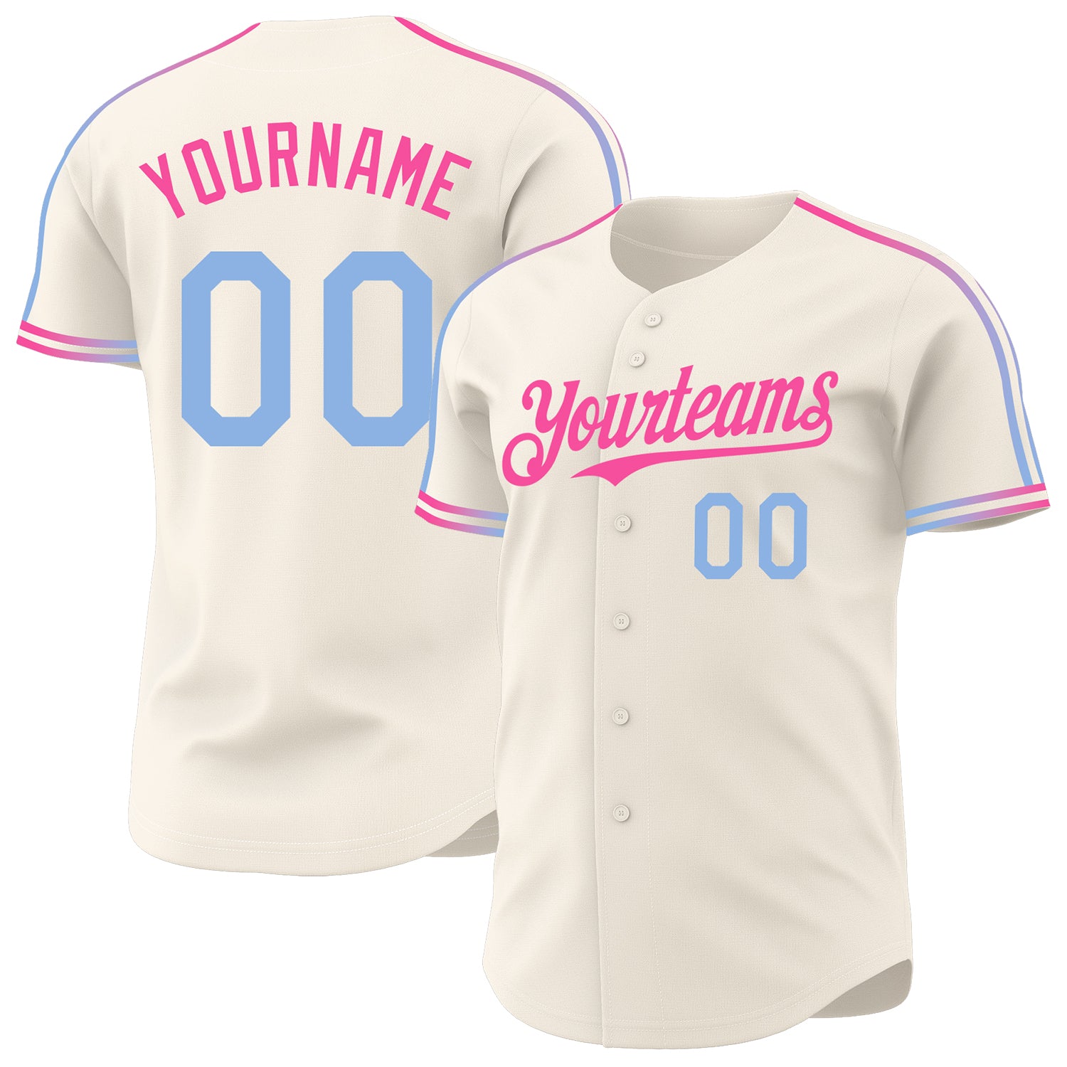 Custom Cream Light Blue-Pink Raglan Line Gradient Stripe Authentic Baseball Jersey