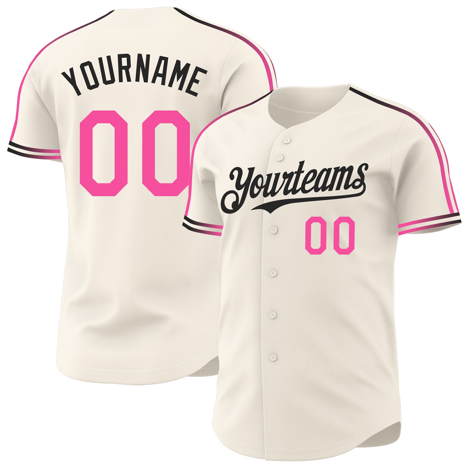 Custom Cream Pink-Black Raglan Line Gradient Stripe Authentic Baseball Jersey