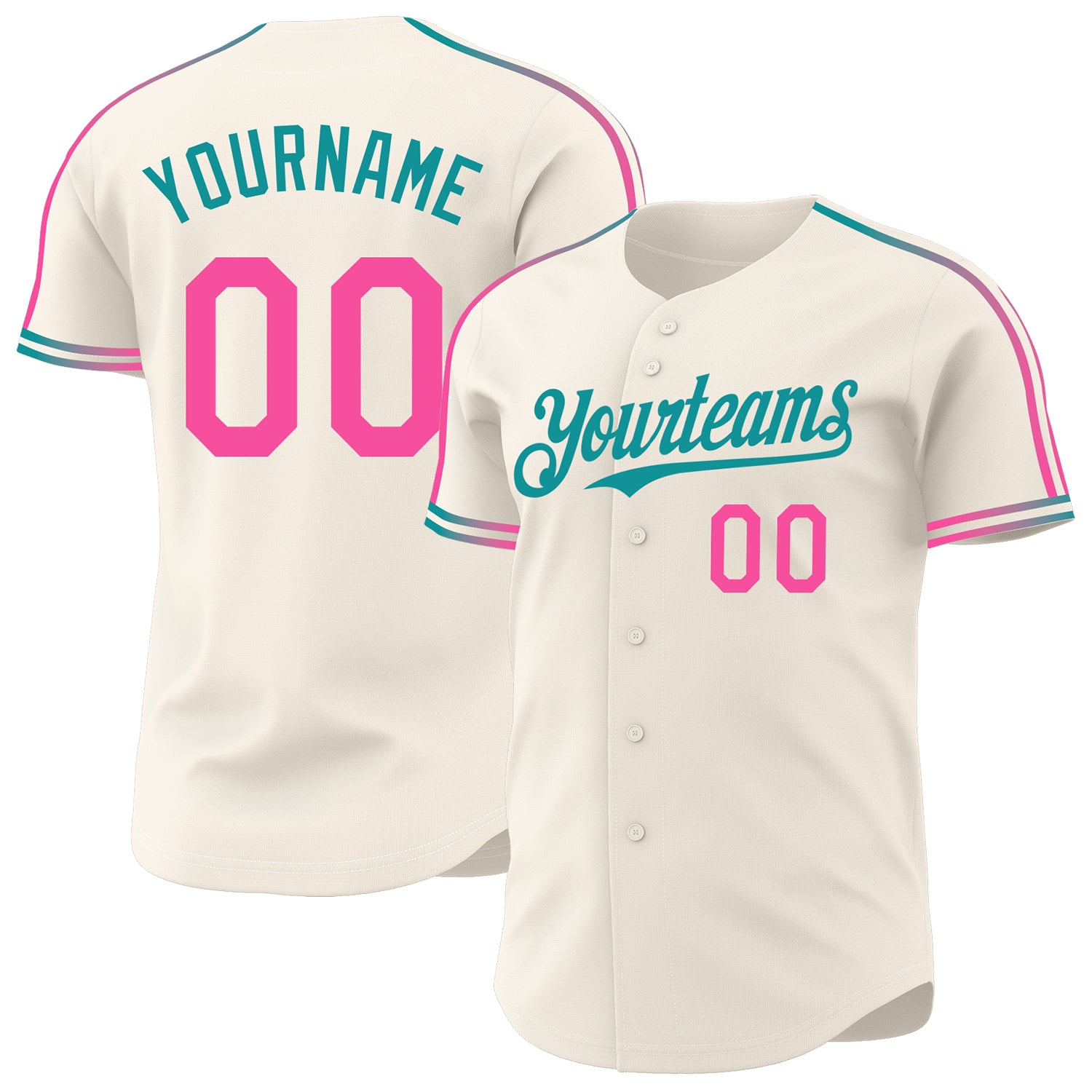 Custom Cream Pink-Teal Raglan Line Gradient Stripe Authentic Baseball Jersey