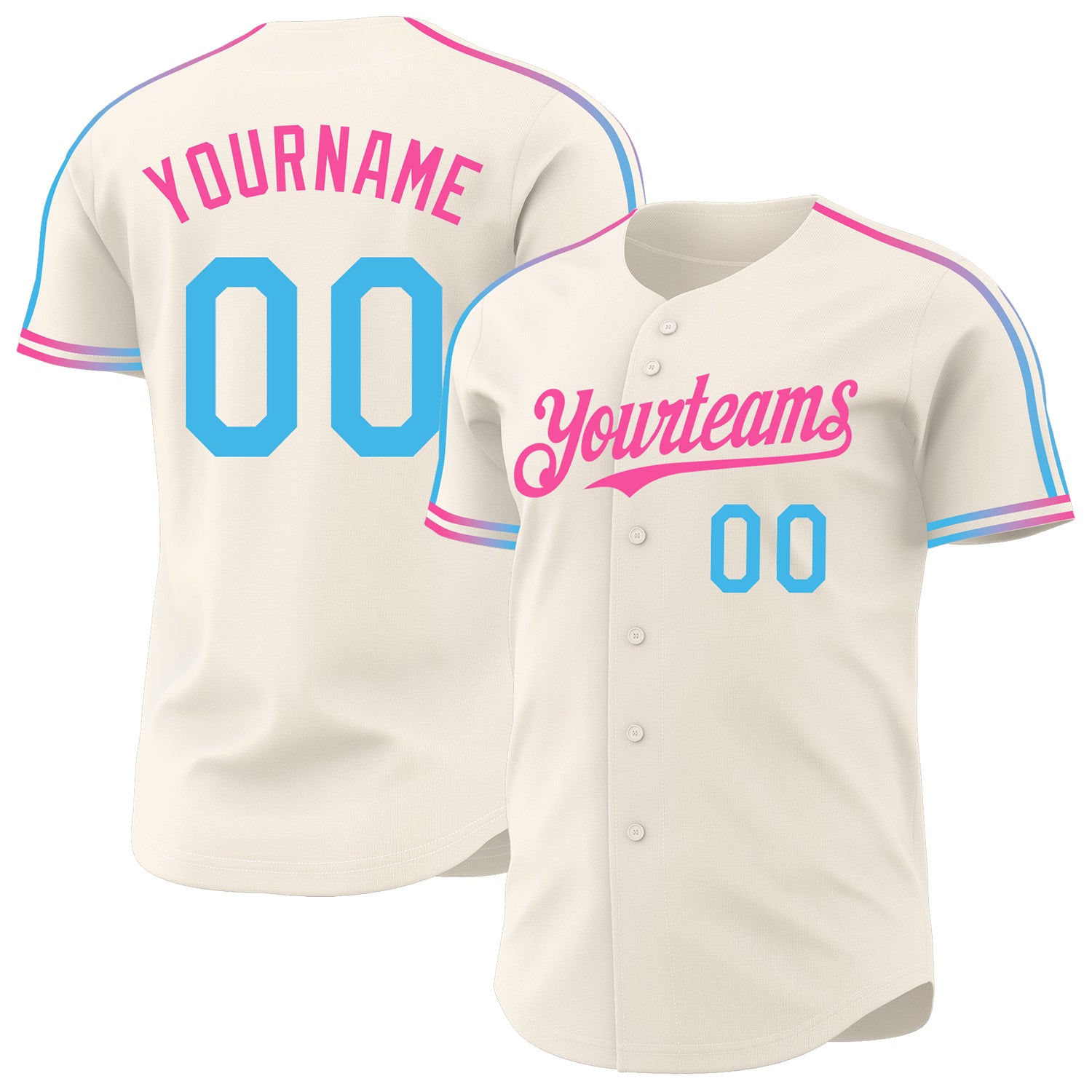 Custom Cream Sky Blue-Pink Raglan Line Gradient Stripe Authentic Baseball Jersey