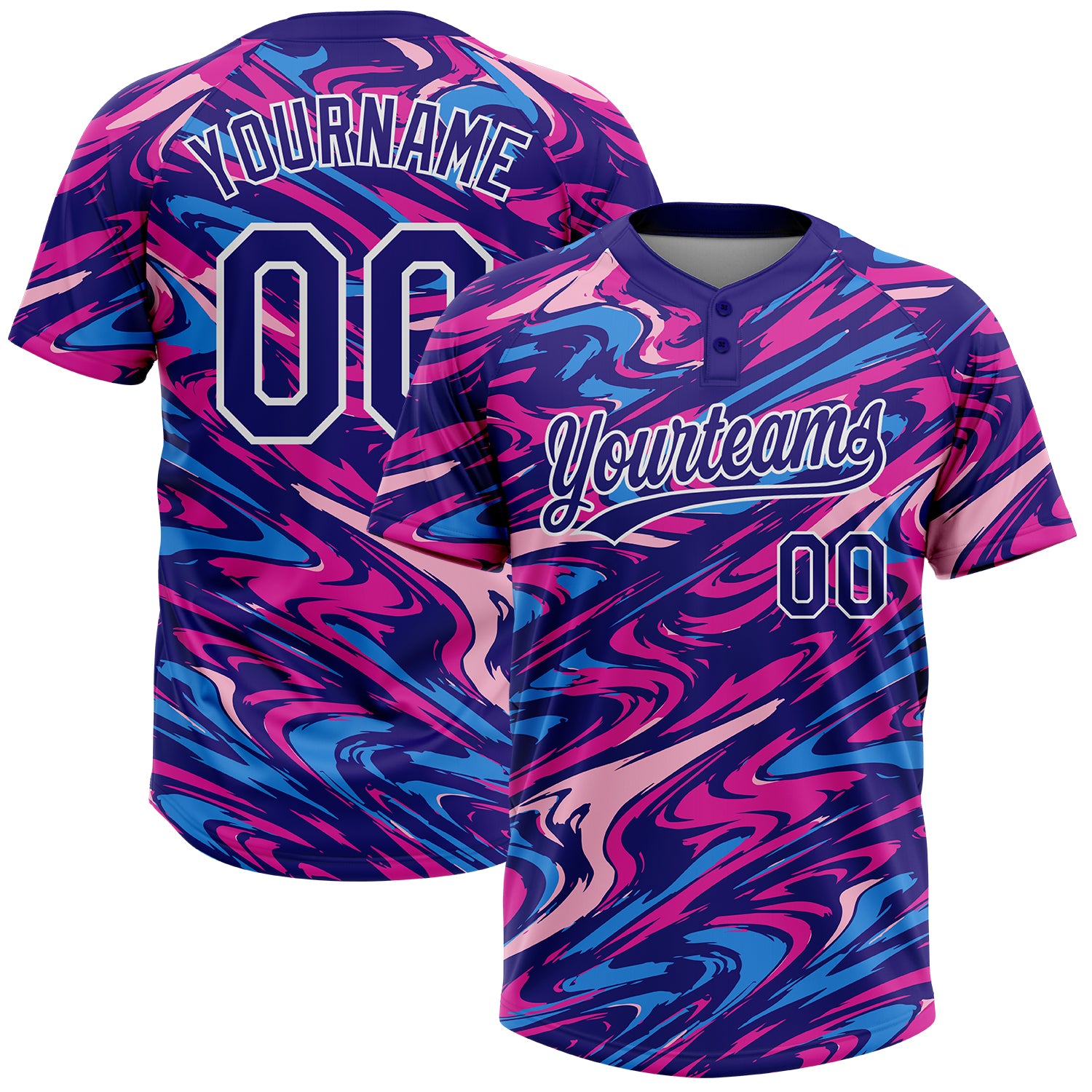 Custom Dark Purple Deep Pink-White Marble Swirl Liquid Fluid 3D Pattern Two-Button Unisex Softball Jersey