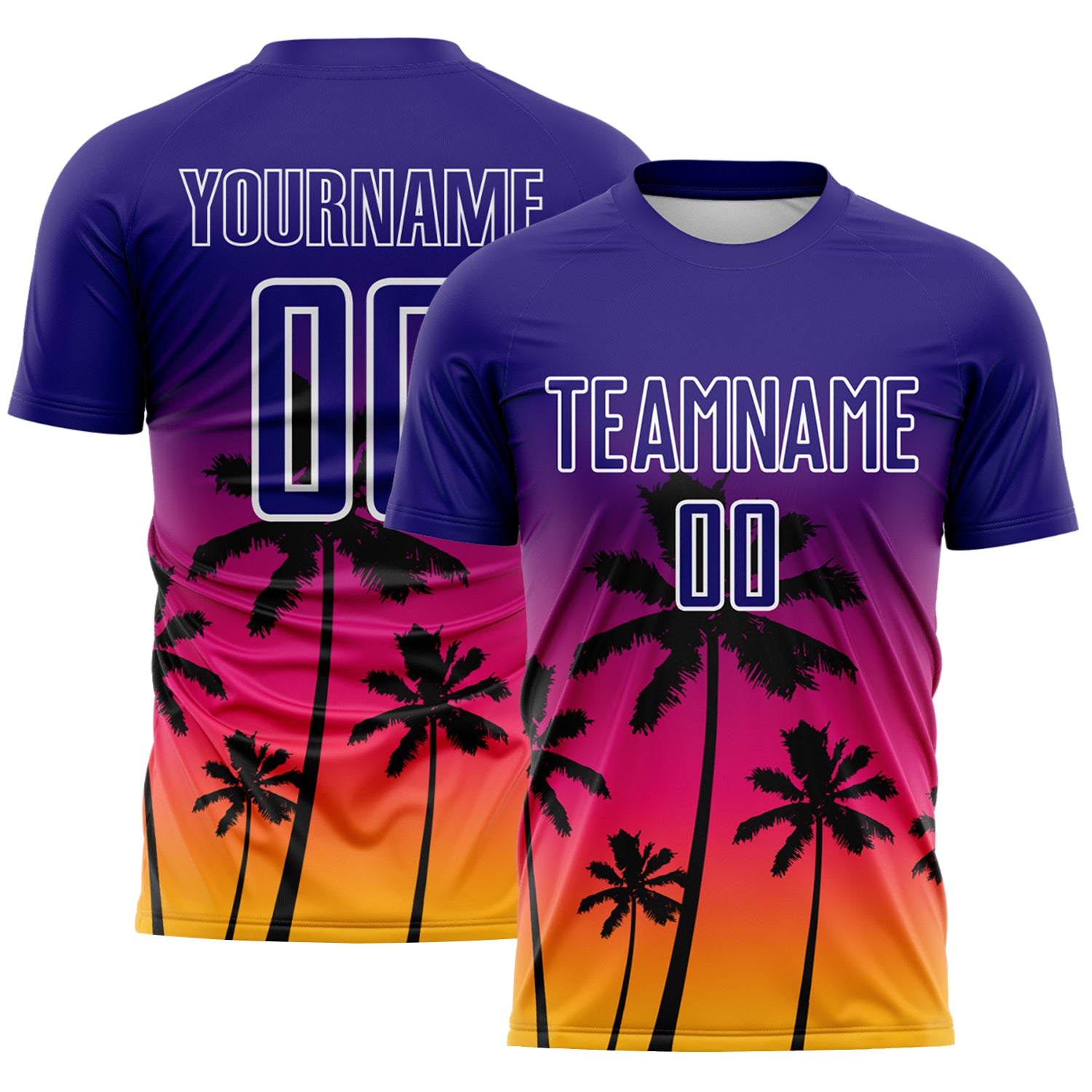 Custom Dark Purple Hot Pink Gold-White Tropical Hawaii Palm Trees Gradient Sublimation Soccer Uniform Jersey