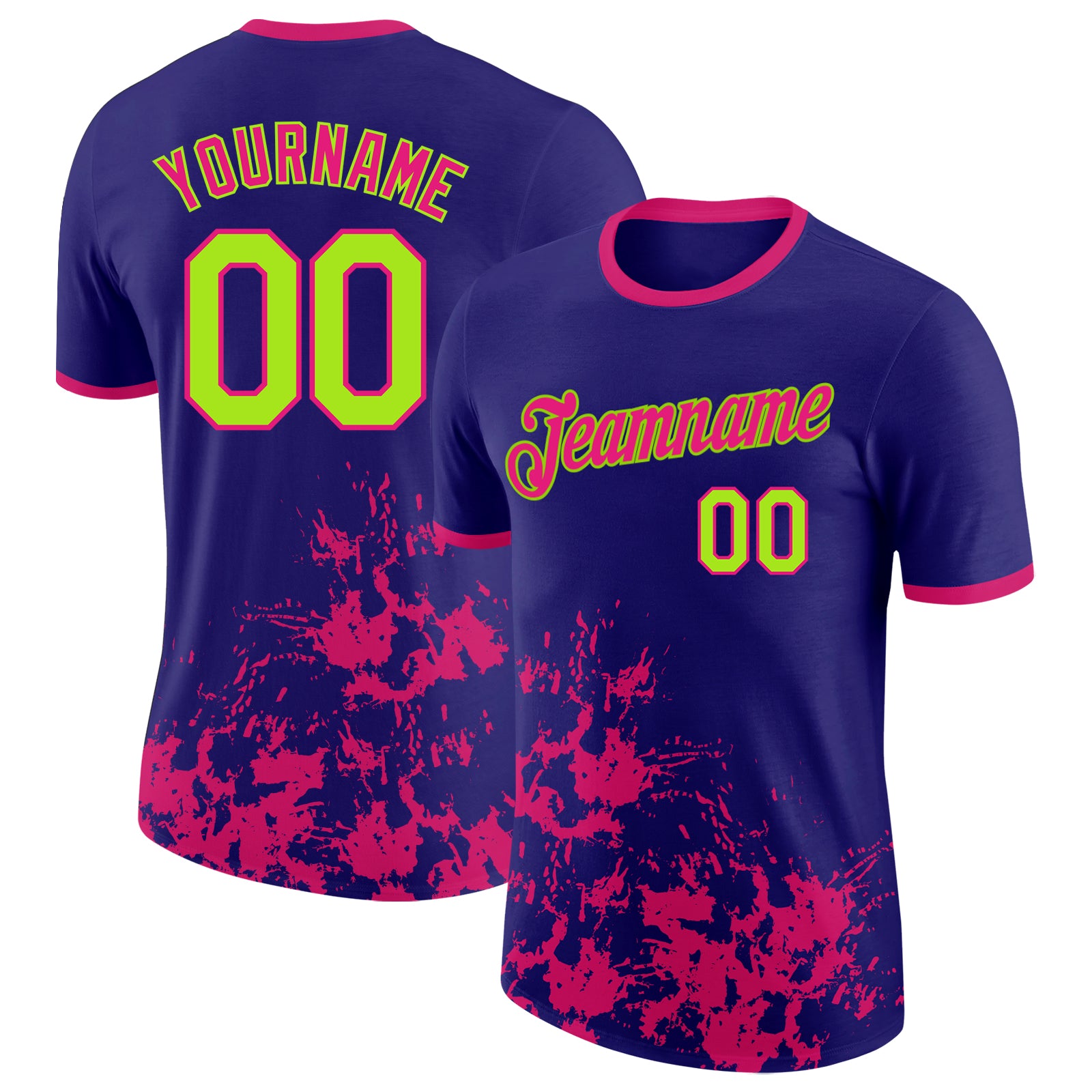 Custom Dark Purple Neon Green-Hot Pink Brush Stroke Splatter Performance T-Shirt