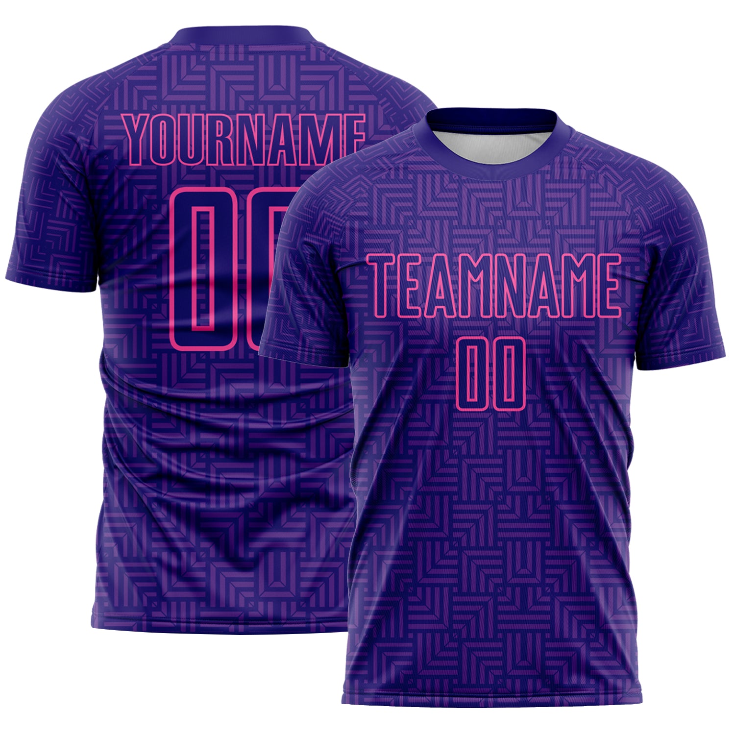 Custom Dark Purple Purple-Pink Geometric Maze Interlocking Square Sports Sublimation Soccer Uniform Jersey