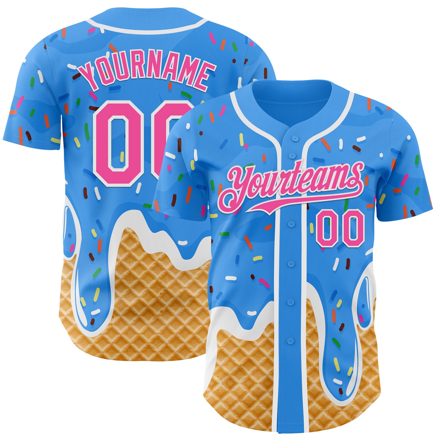 Custom Electric Blue Pink-White Ice Cream Waffle Foodie Dessert Authentic Baseball Jersey