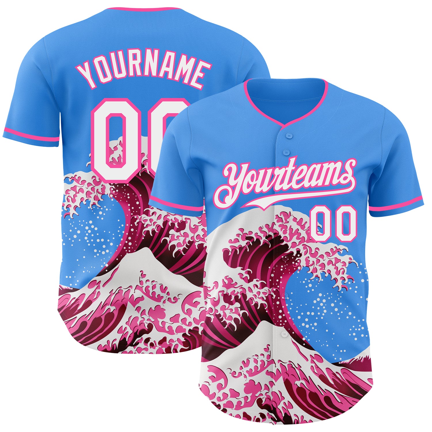 Custom Electric Blue White-Pink Japanese Wave 3D Pattern Design Authentic Baseball Jersey