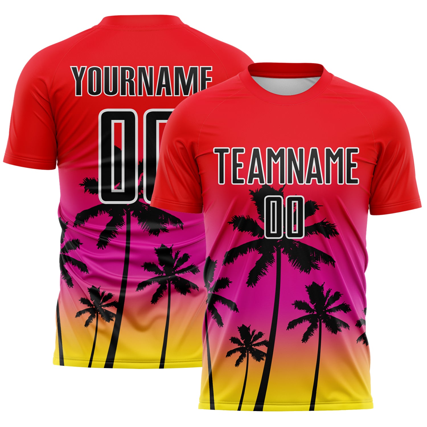 Custom Fire Red Black Deep Pink Light Yellow-White Tropical Hawaii Palm Trees Gradient Sublimation Soccer Uniform Jersey