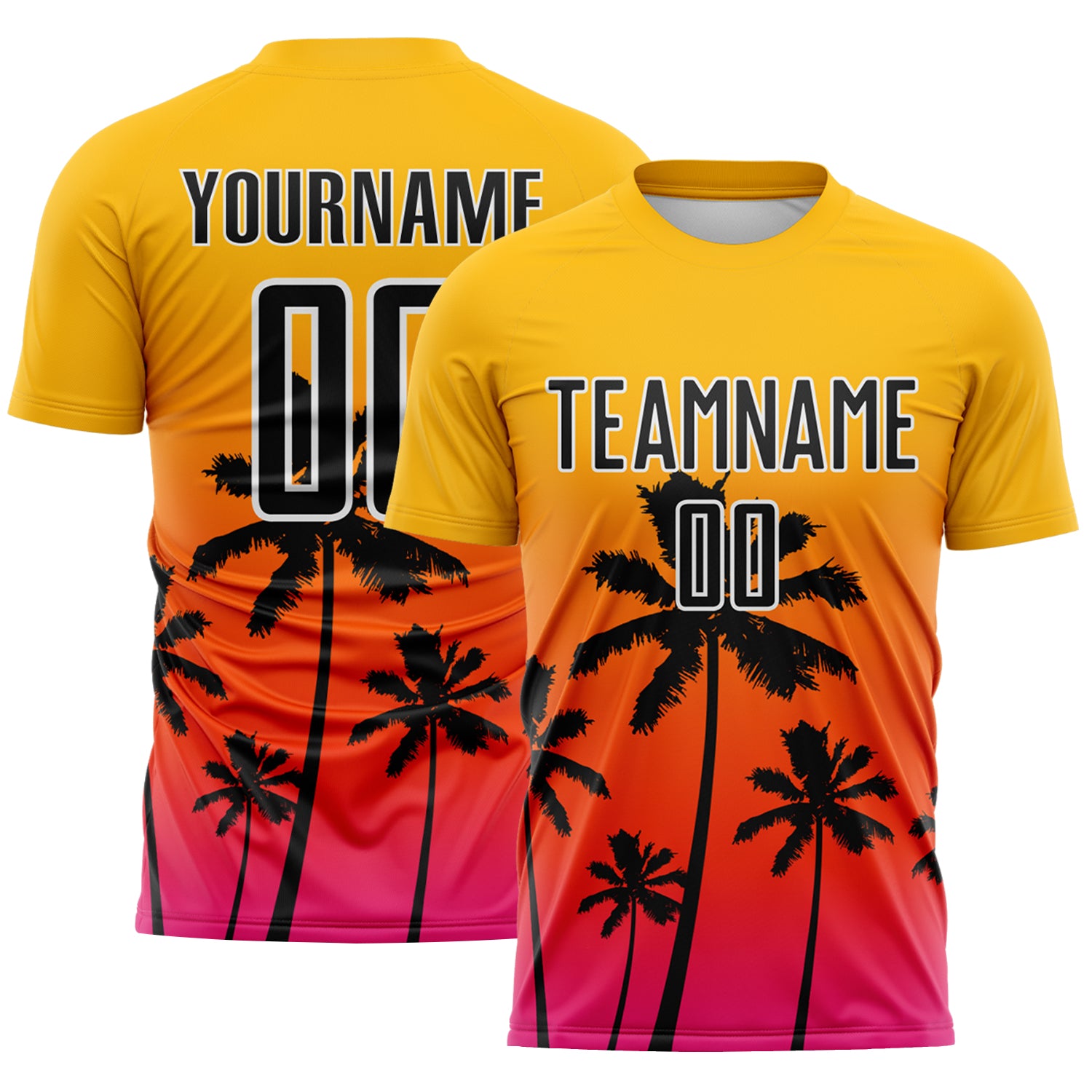 Custom Gold Black Orange Hot Pink-White Tropical Hawaii Palm Trees Gradient Sublimation Soccer Uniform Jersey