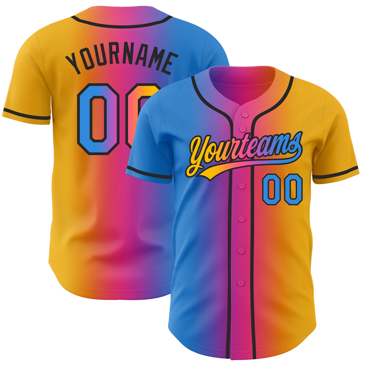 Custom Gold Electric Blue Pink-Black Authentic Gradient Fashion Baseball Jersey