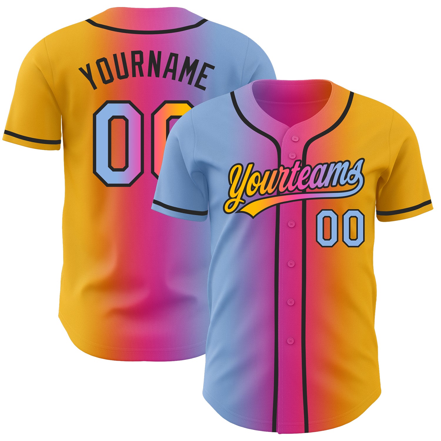 Custom Gold Light Blue Pink-Black Authentic Gradient Fashion Baseball Jersey