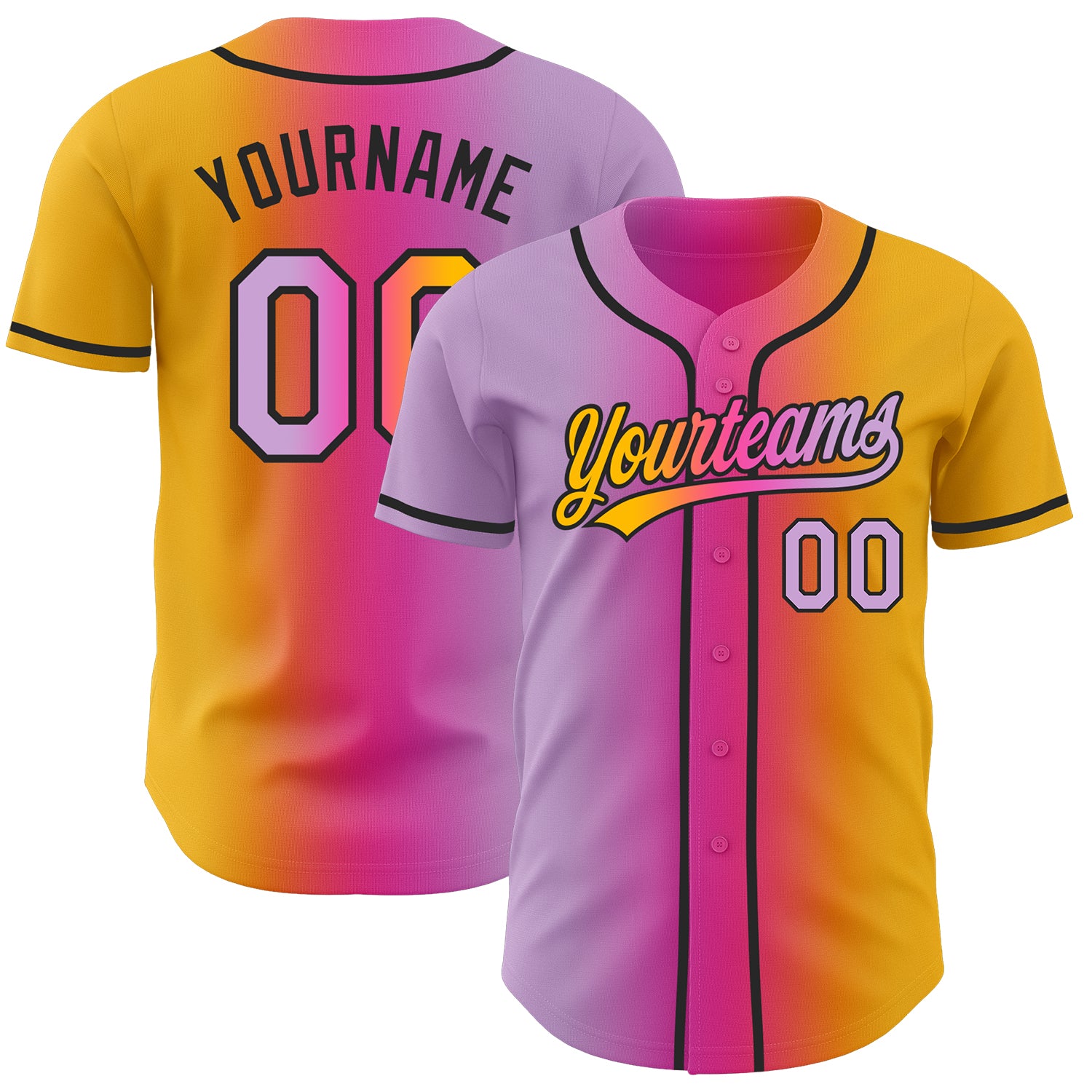 Custom Gold Light Purple Pink-Black Authentic Gradient Fashion Baseball Jersey