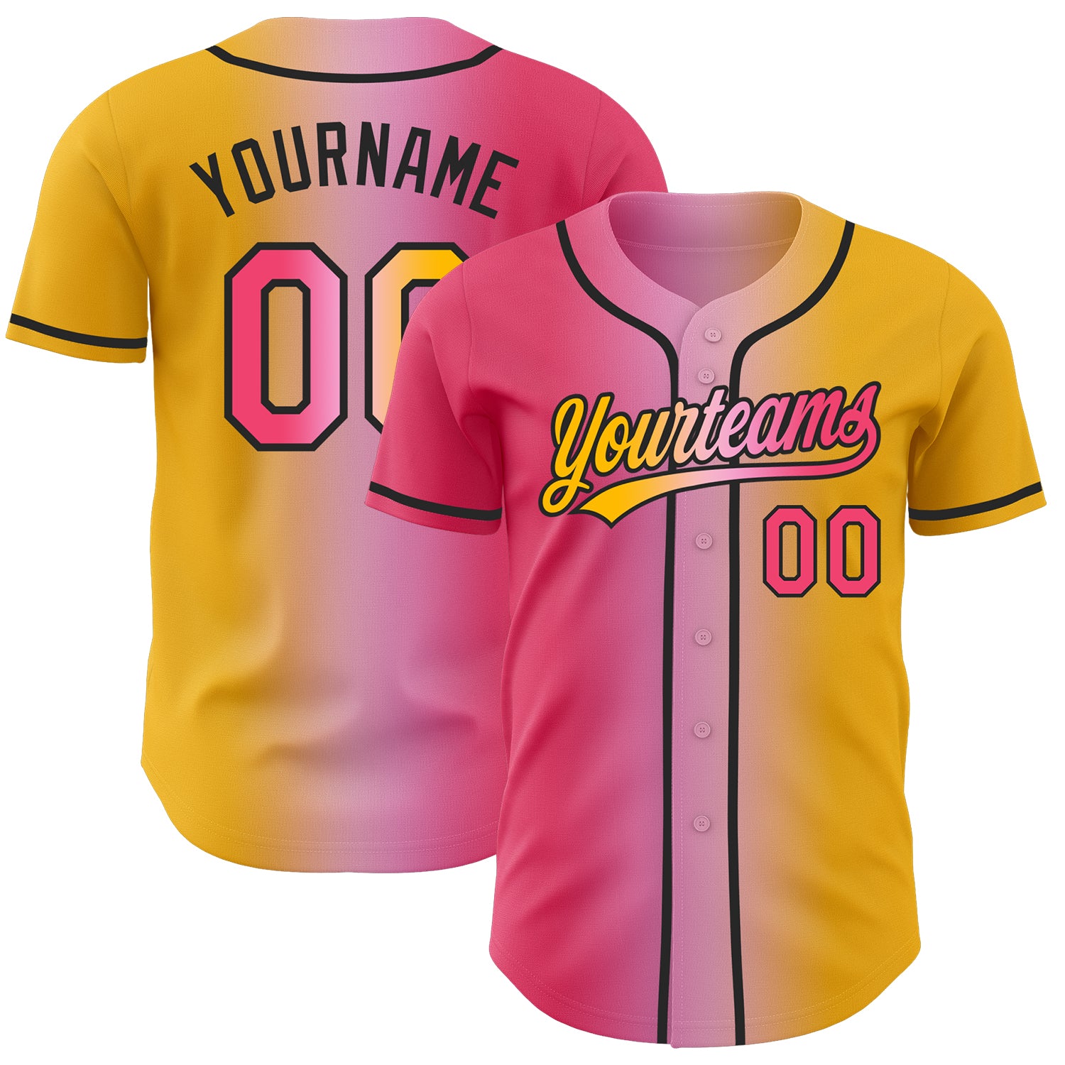 Custom Gold Neon Pink Light Pink-Black Authentic Gradient Fashion Baseball Jersey