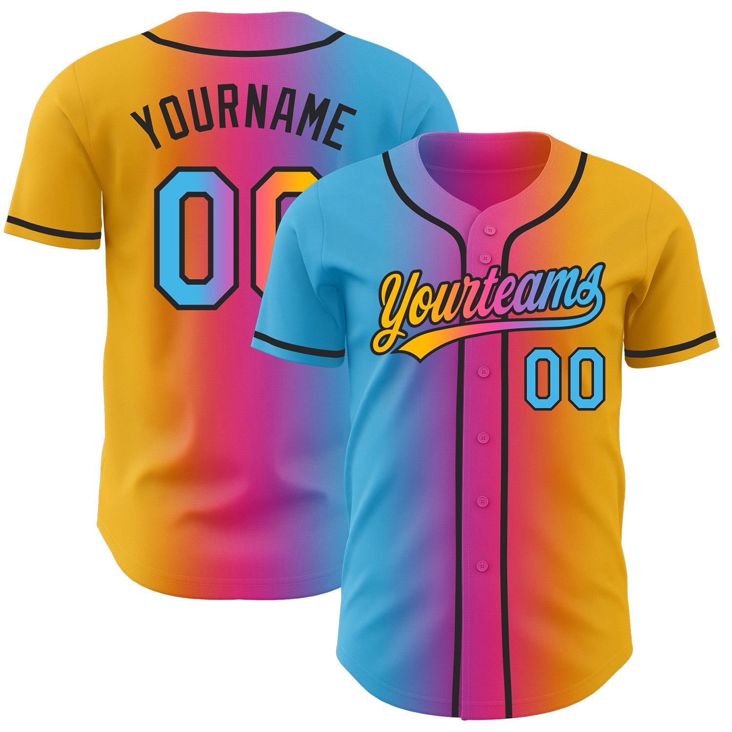 Custom Gold Sky Blue Pink-Black Authentic Gradient Fashion Baseball Jersey