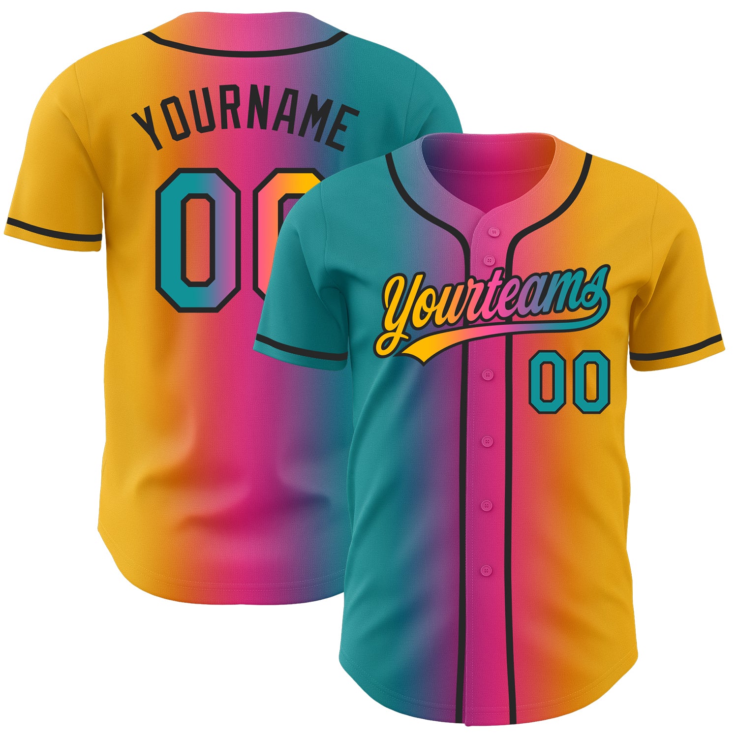 Custom Gold Teal Pink-Black Authentic Gradient Fashion Baseball Jersey