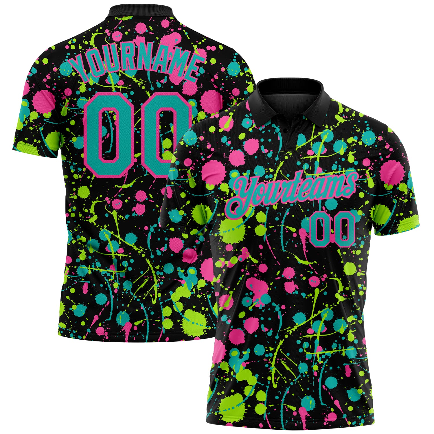 Custom Graffiti Pattern Aqua Black Pink-Neon Green Vibrant Multi-Color Abstract Splatter Performance Polo Shirt
