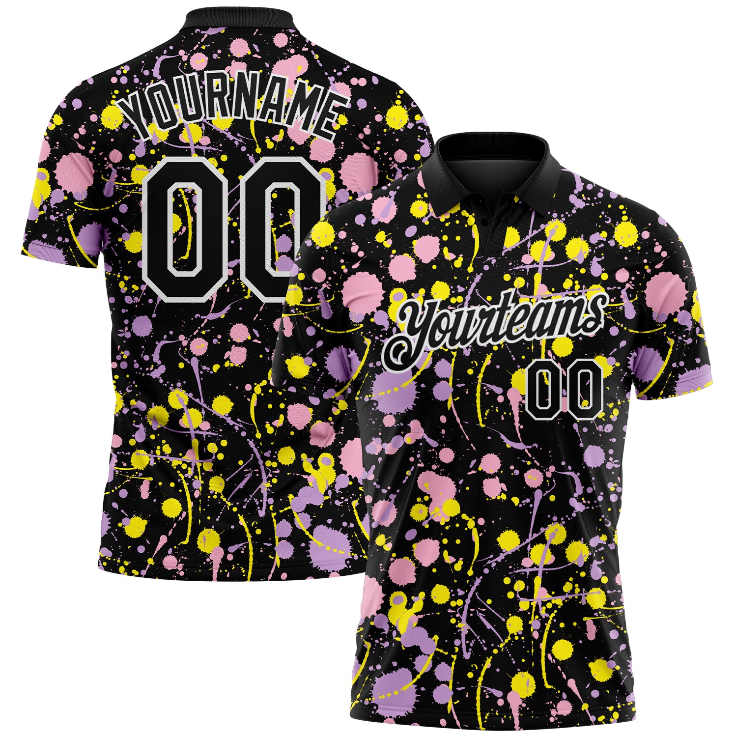 Custom Graffiti Pattern Black Light Pink Light Purple Light Yellow-White Vibrant Multi-Color Abstract Splatter Performance Polo Shirt