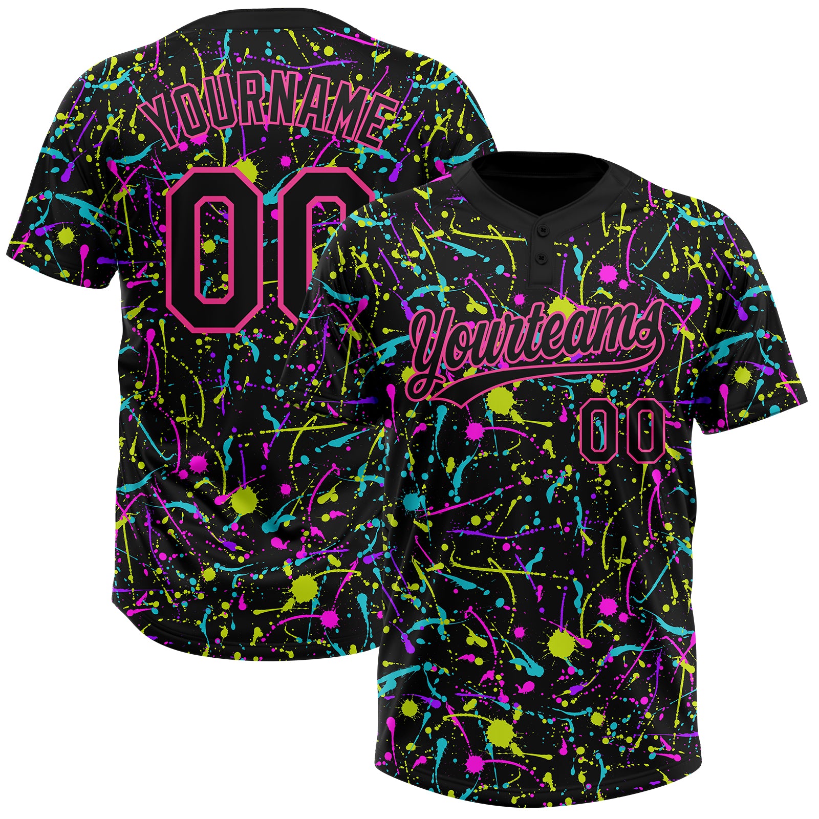 Custom Graffiti Pattern Black-Pink Vibrant Multi-Color Abstract Splatter Two-Button Unisex Softball Jersey