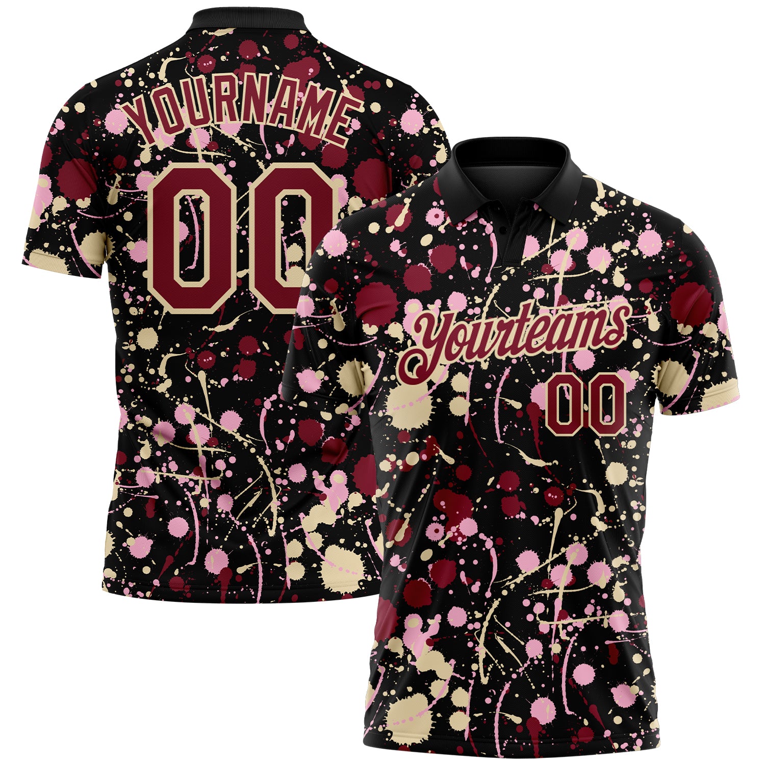 Custom Graffiti Pattern Crimson Black Cream-Light Pink Vibrant Multi-Color Abstract Splatter Performance Polo Shirt