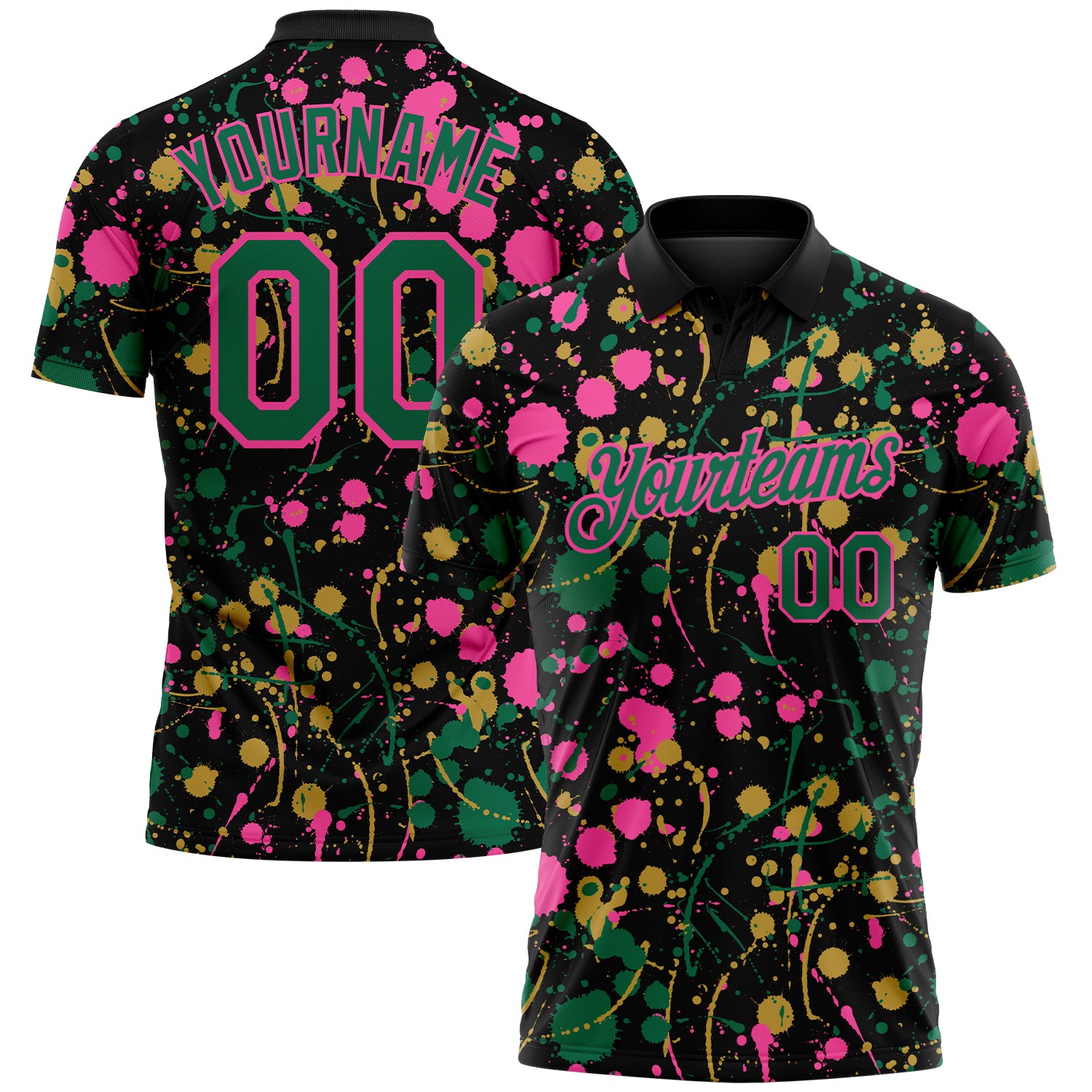Custom Graffiti Pattern Kelly Green Black Pink-Old Gold Vibrant Multi-Color Abstract Splatter Performance Polo Shirt