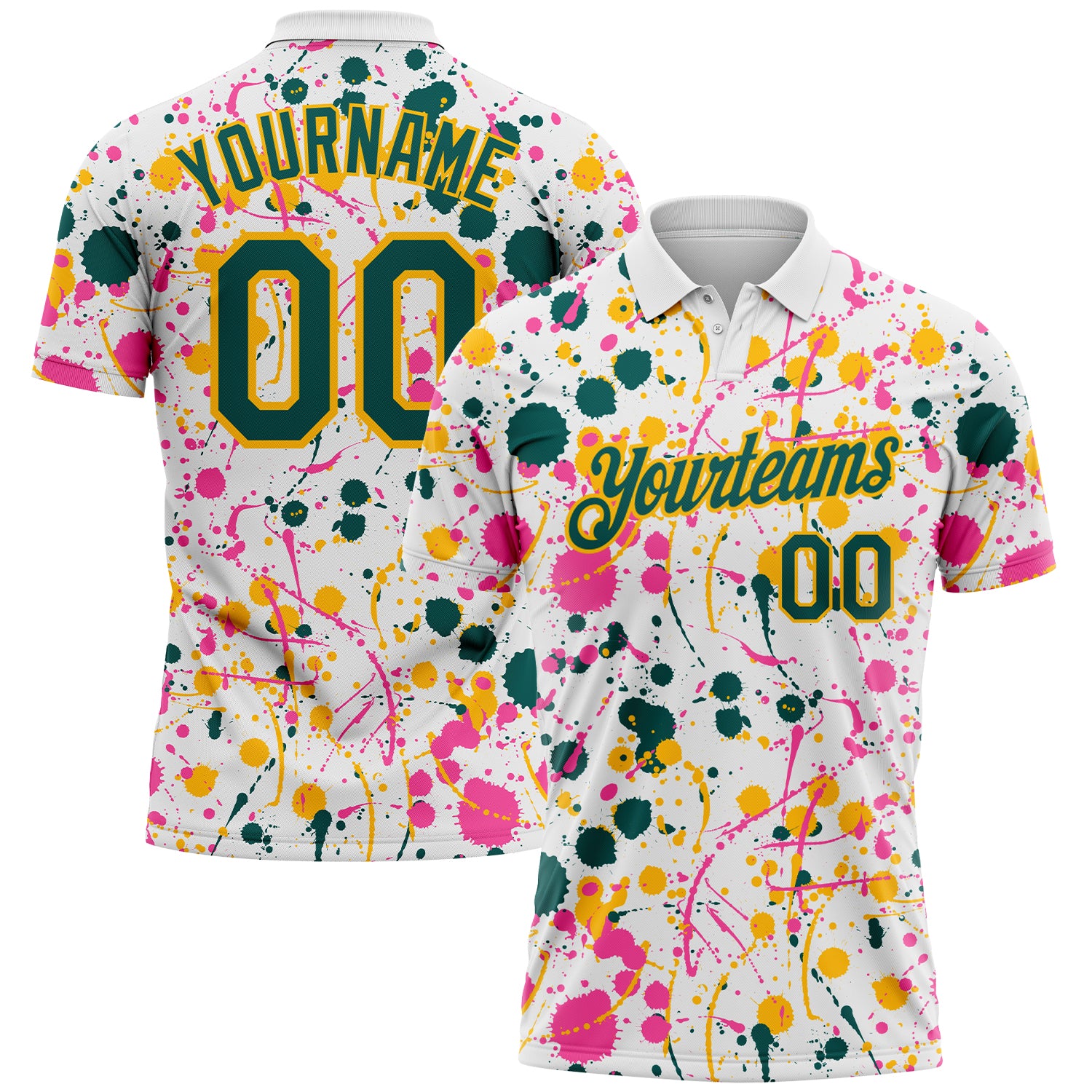 Custom Graffiti Pattern Midnight Green White Pink-Gold Vibrant Multi-Color Abstract Splatter Performance Polo Shirt